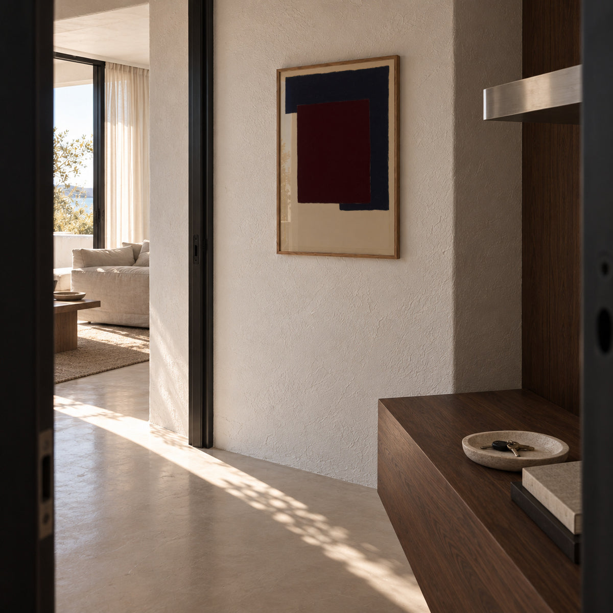 Burgundy Corner IV - Framed poster in an interior