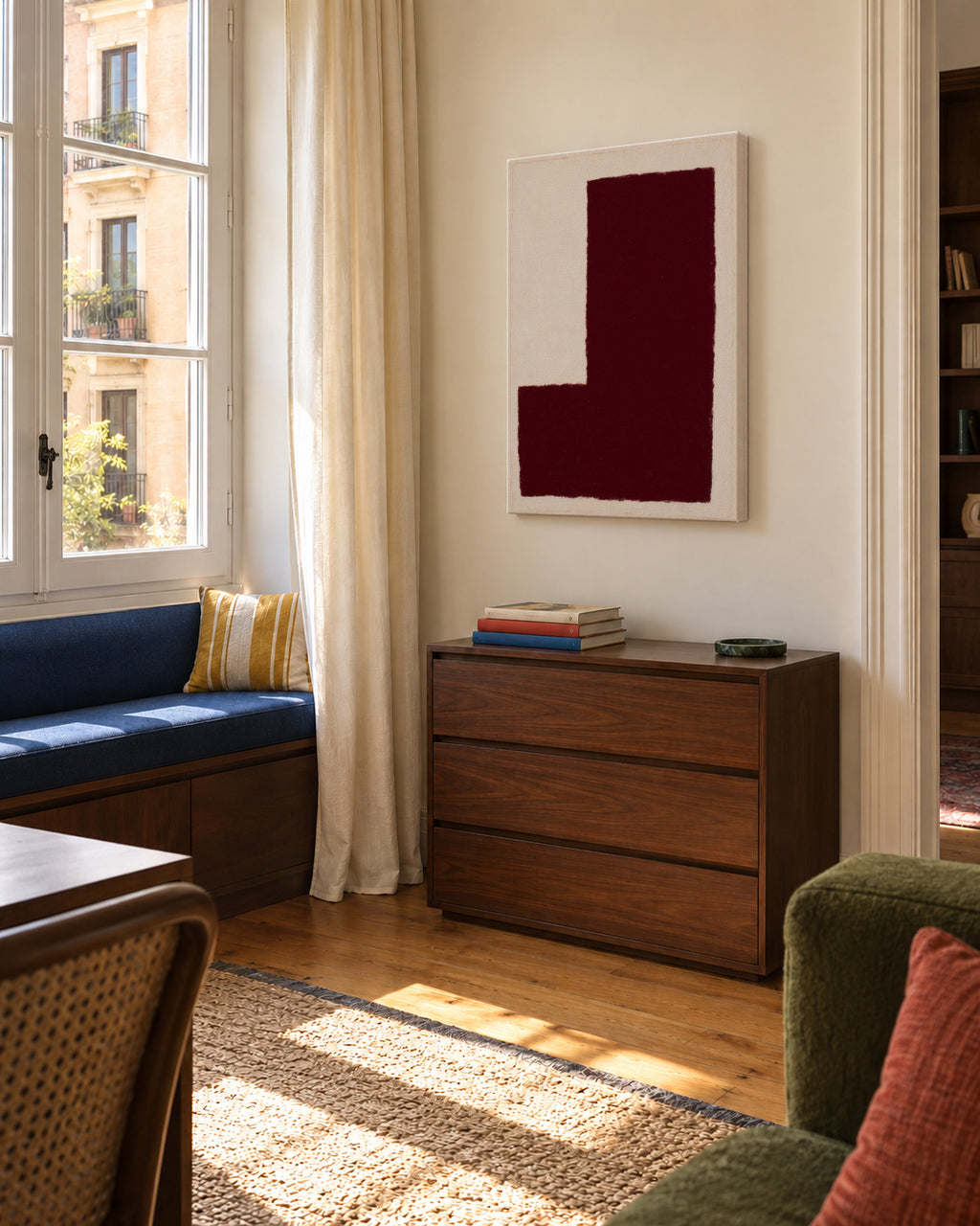 Burgundy Corner V - Unframed canvas in an interior