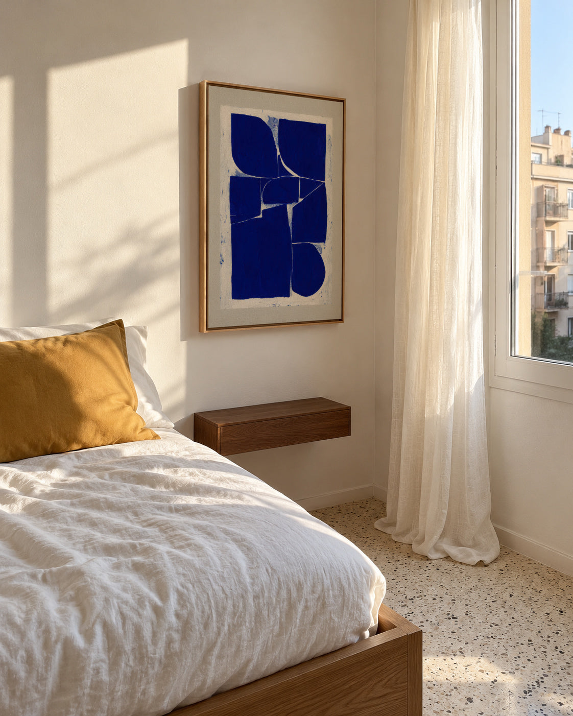 Indigo Mosaic I - Framed canvas in an interior