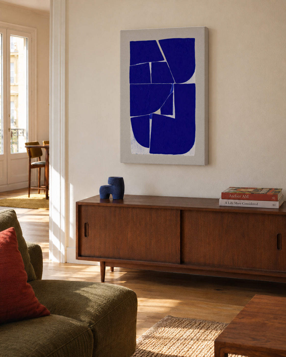 Indigo Mosaic IV - Unframed canvas in an interior