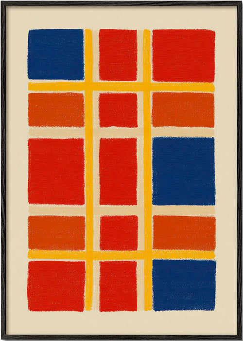 Plakat geometryczny w kratę z czerwonymi i niebieskimi polami – Black Frame
