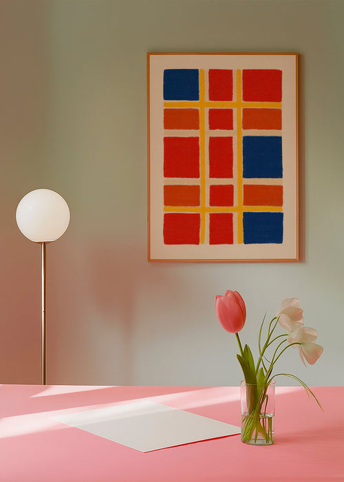 Plakat geometryczny w kratę z czerwonymi i niebieskimi polami – Product1