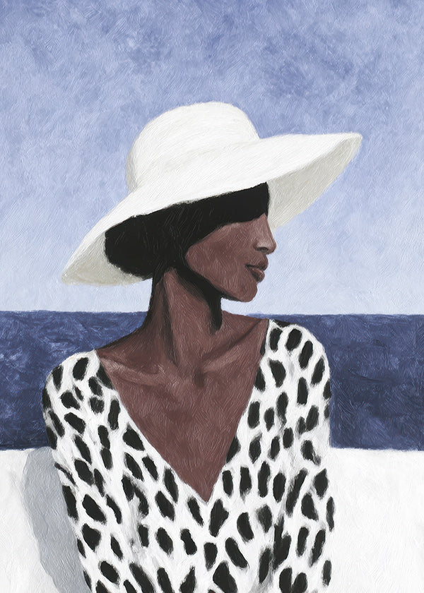Ilustracja kobiety w kapeluszu nad morzem