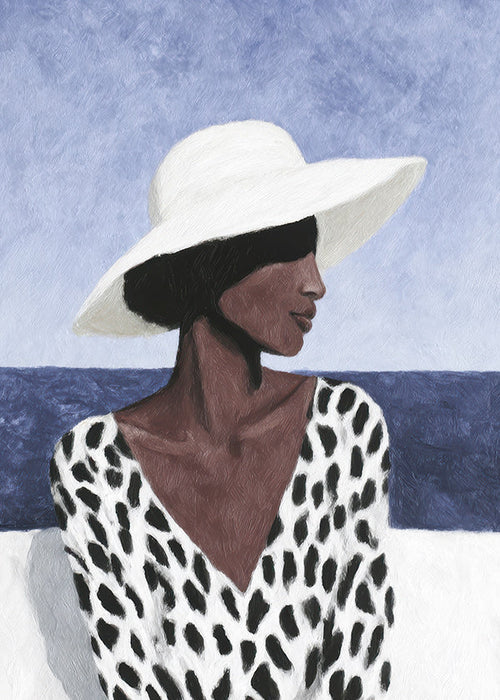 Ilustracja kobiety w kapeluszu nad morzem