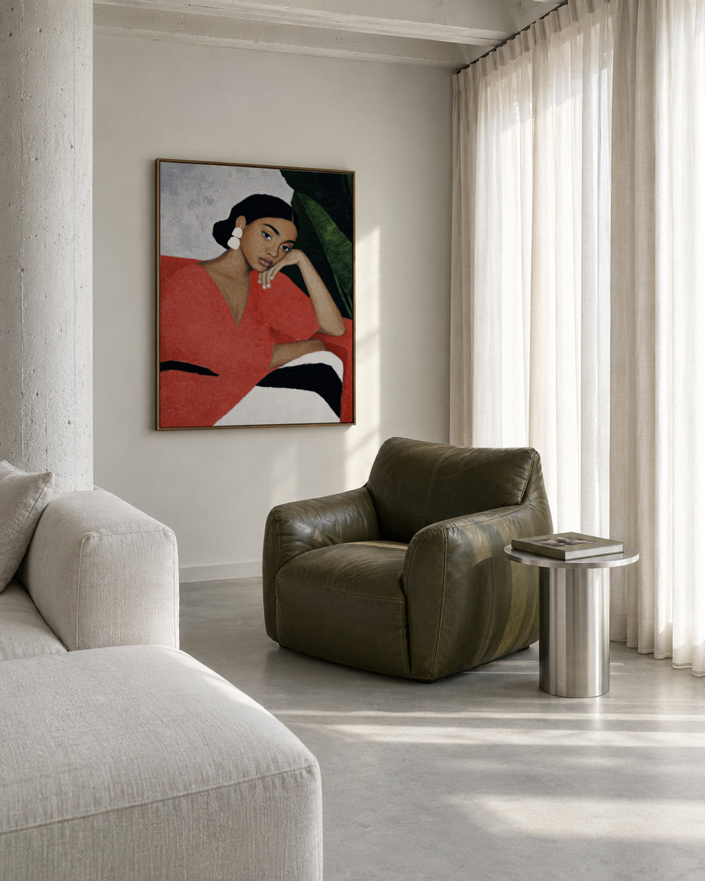 Red Dress Reflection - Framed canvas in an interior