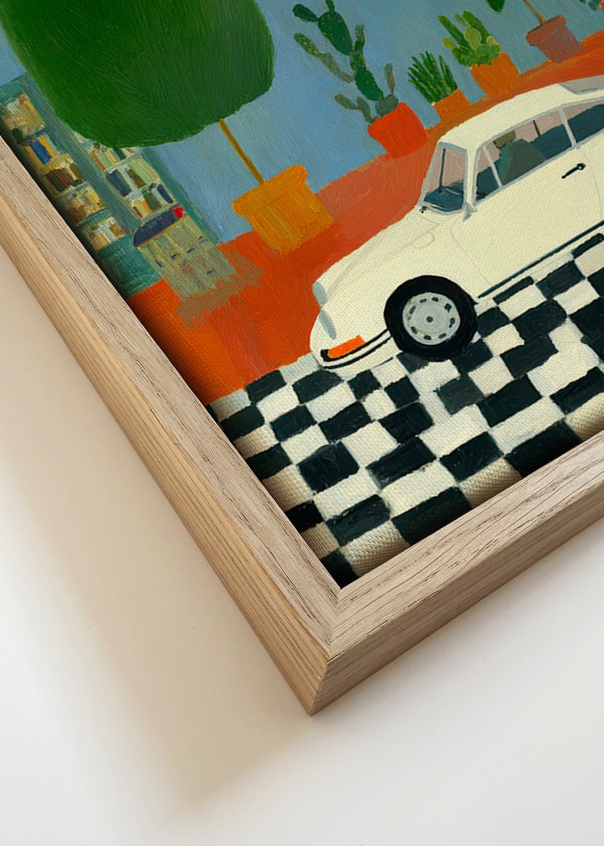 Ilustracja klasycznego samochodu z roślinami w wnętrzu – Canvas detail