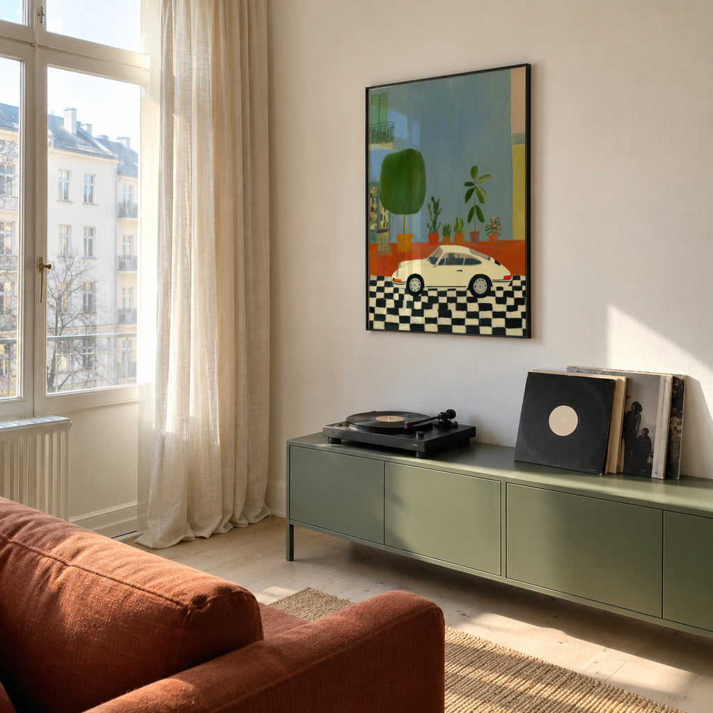 Porsche at Dusk - Framed poster in an interior
