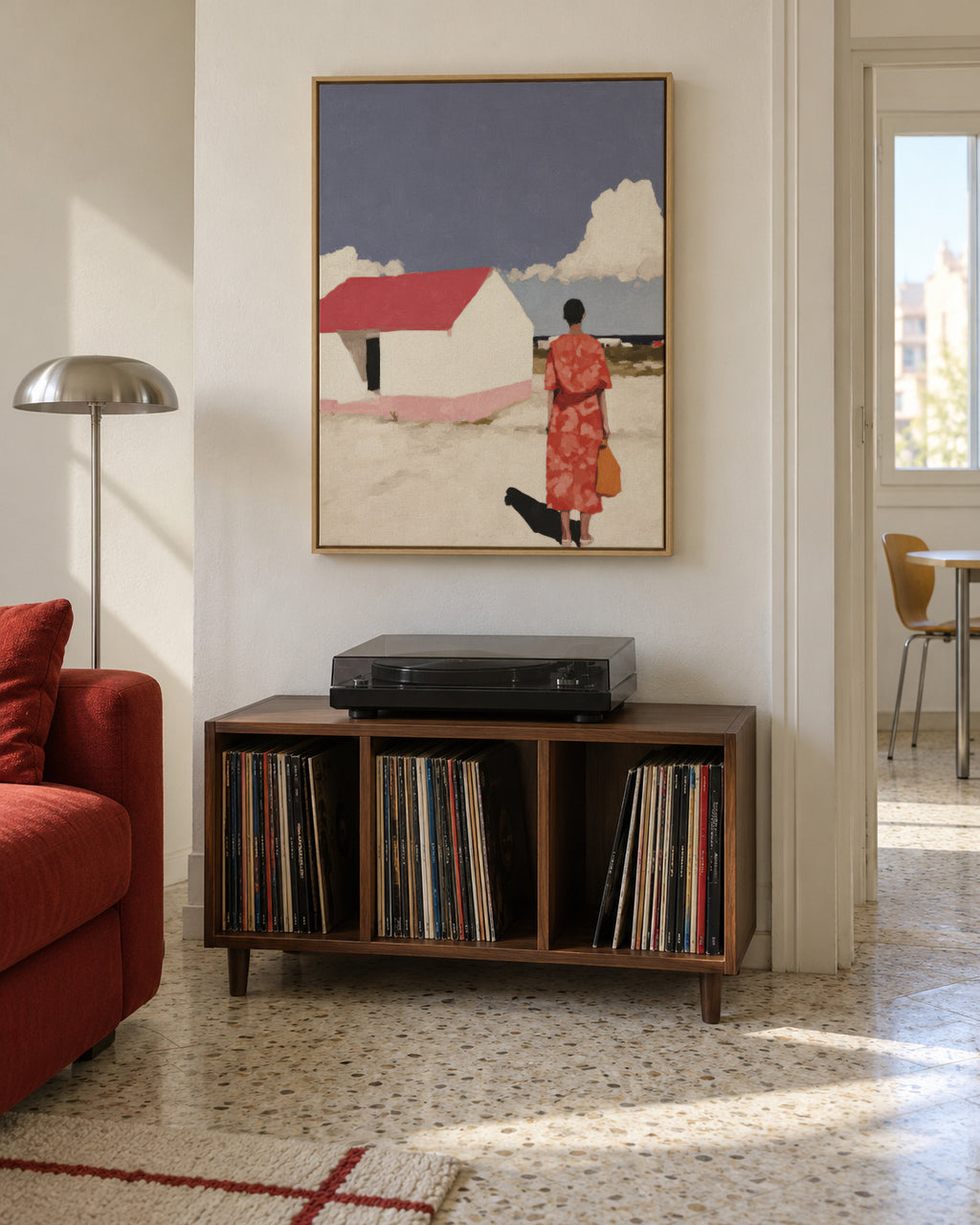 Red Dress, White House - Framed canvas in an interior