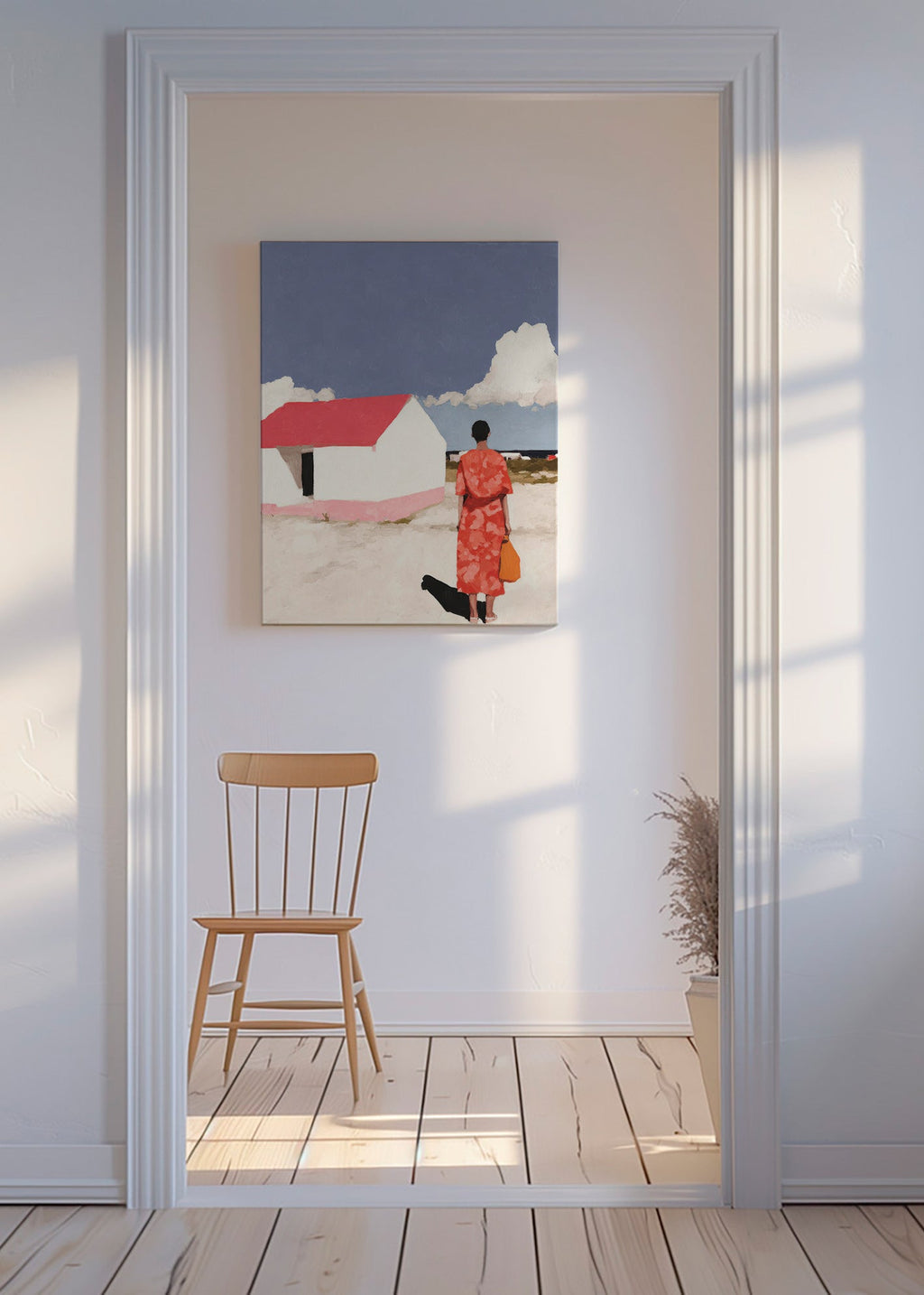 Obraz krajobrazowy z postacią i czerwonym domkiem – Canvas