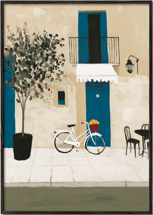 Ilustracja: rower przy niebieskich drzwiach – Black Frame