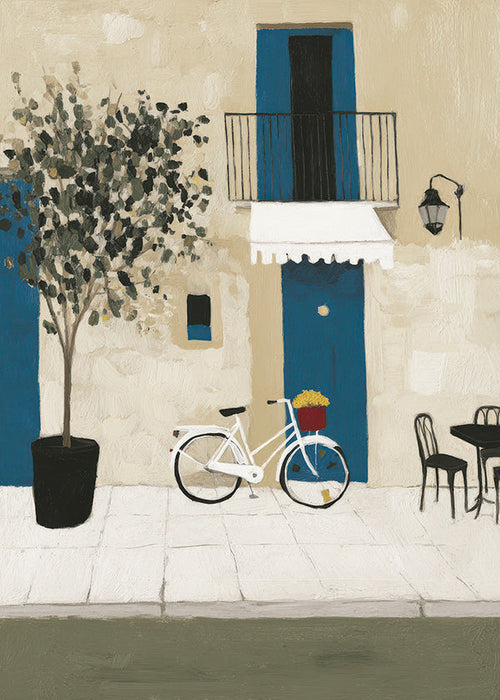 Ilustracja: rower przy niebieskich drzwiach