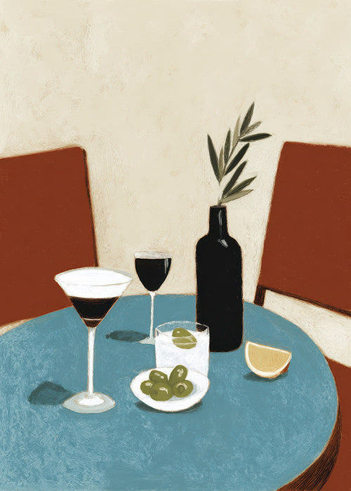 Sztuka do kuchni: aperitif na niebieskim stole