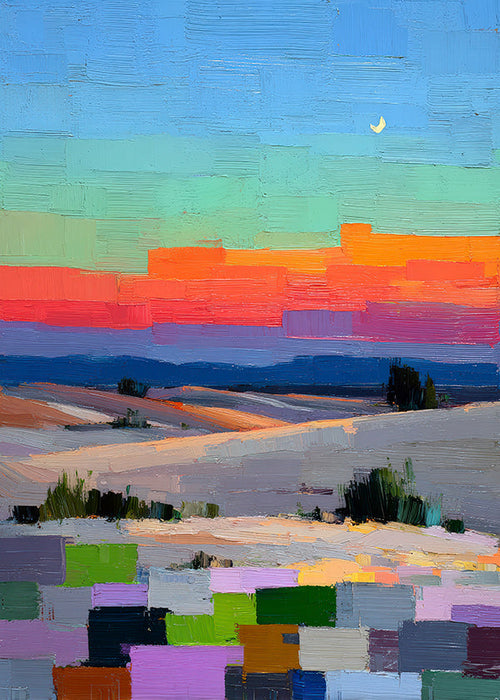 Obraz pejzażowy colorfield z księżycem