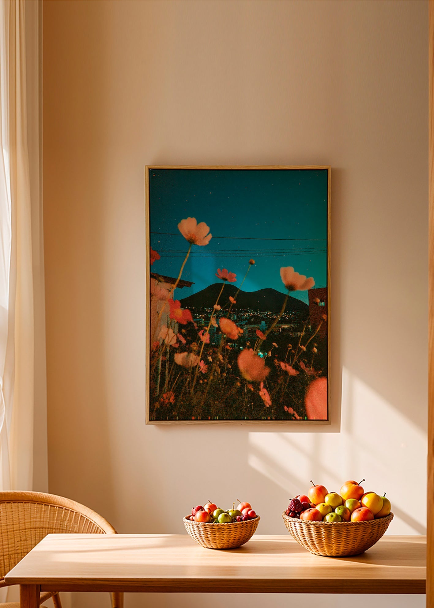 Plakat botaniczny dzikie kwiaty nad miastem o zmierzchu