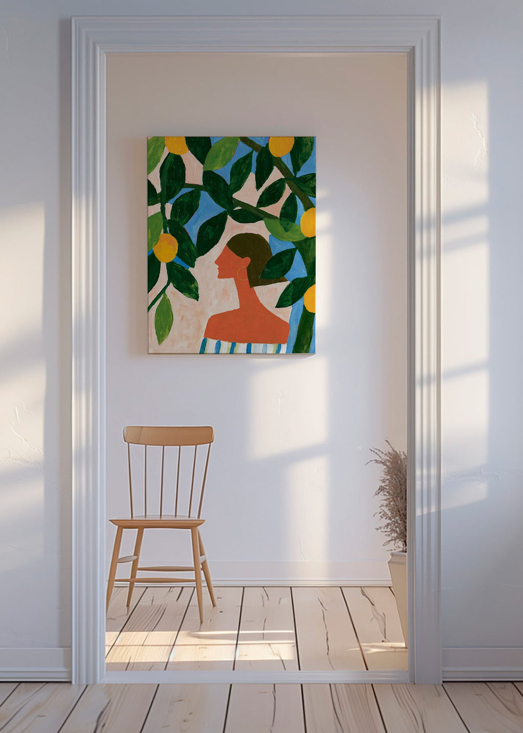 Plakat botaniczny: profil kobiety wśród cytryn