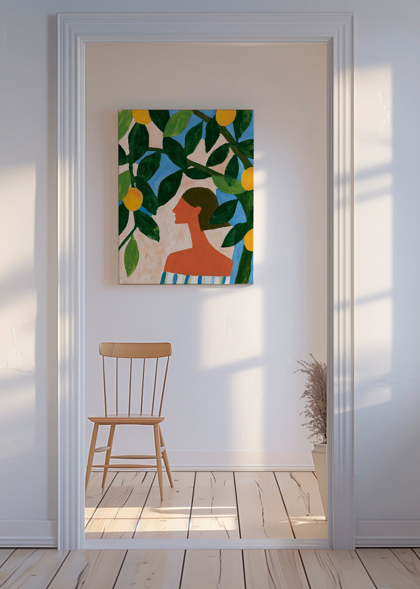 Plakat botaniczny: profil kobiety wśród cytryn
