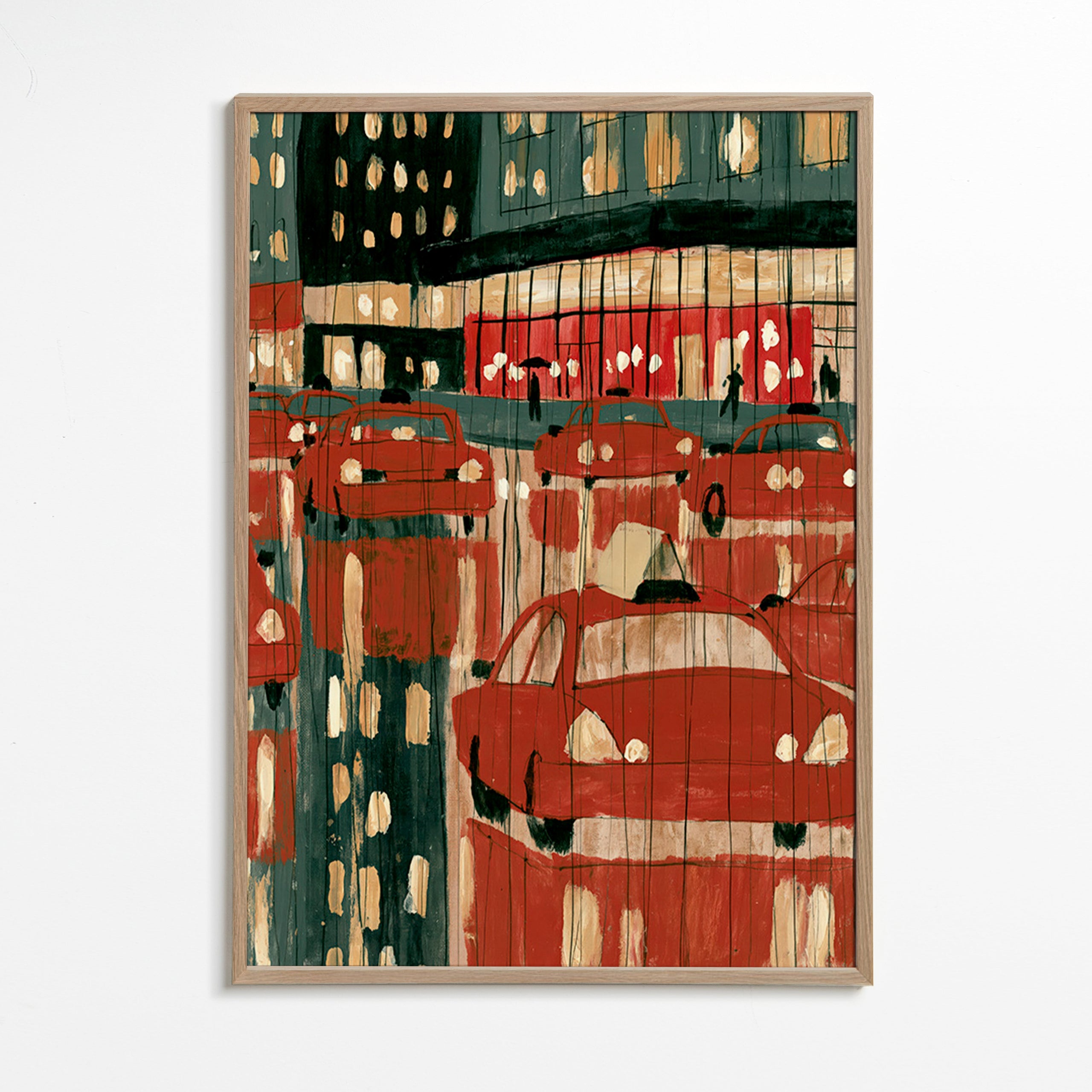 Obraz miasta z czerwonymi taksówkami i nocnymi odbiciami