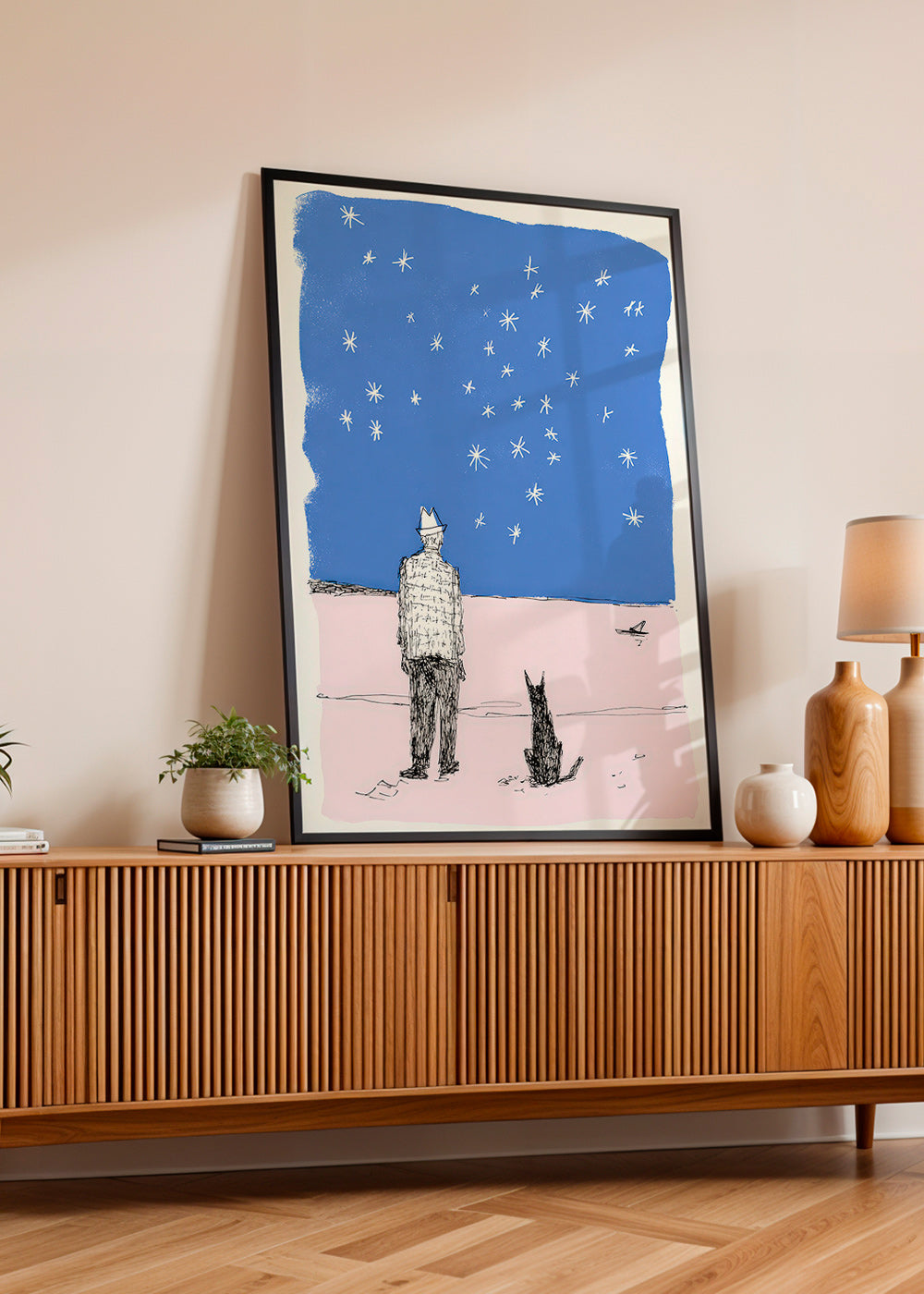 Ilustracja: mężczyzna i pies pod gwiazdami