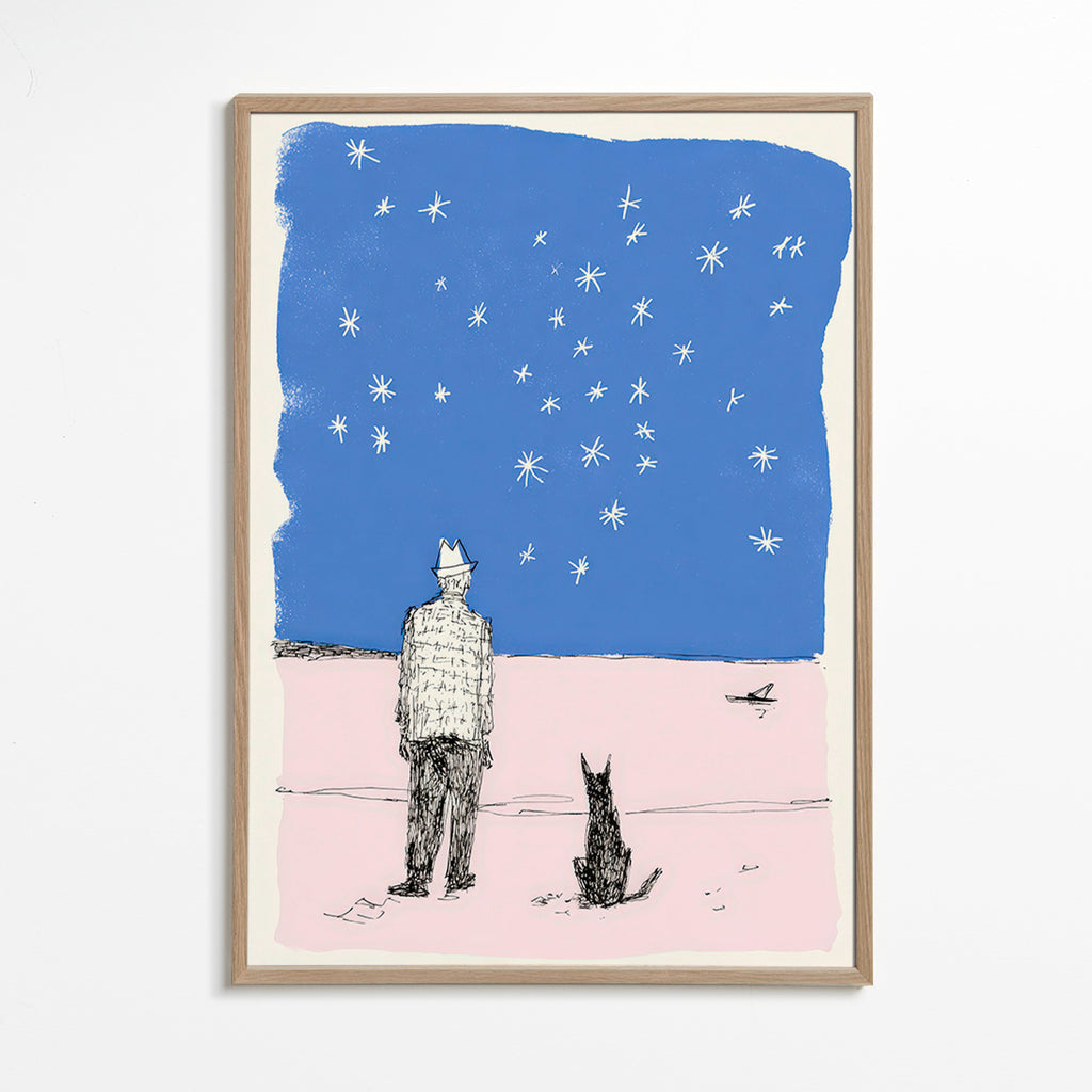 Ilustracja: mężczyzna i pies pod gwiazdami