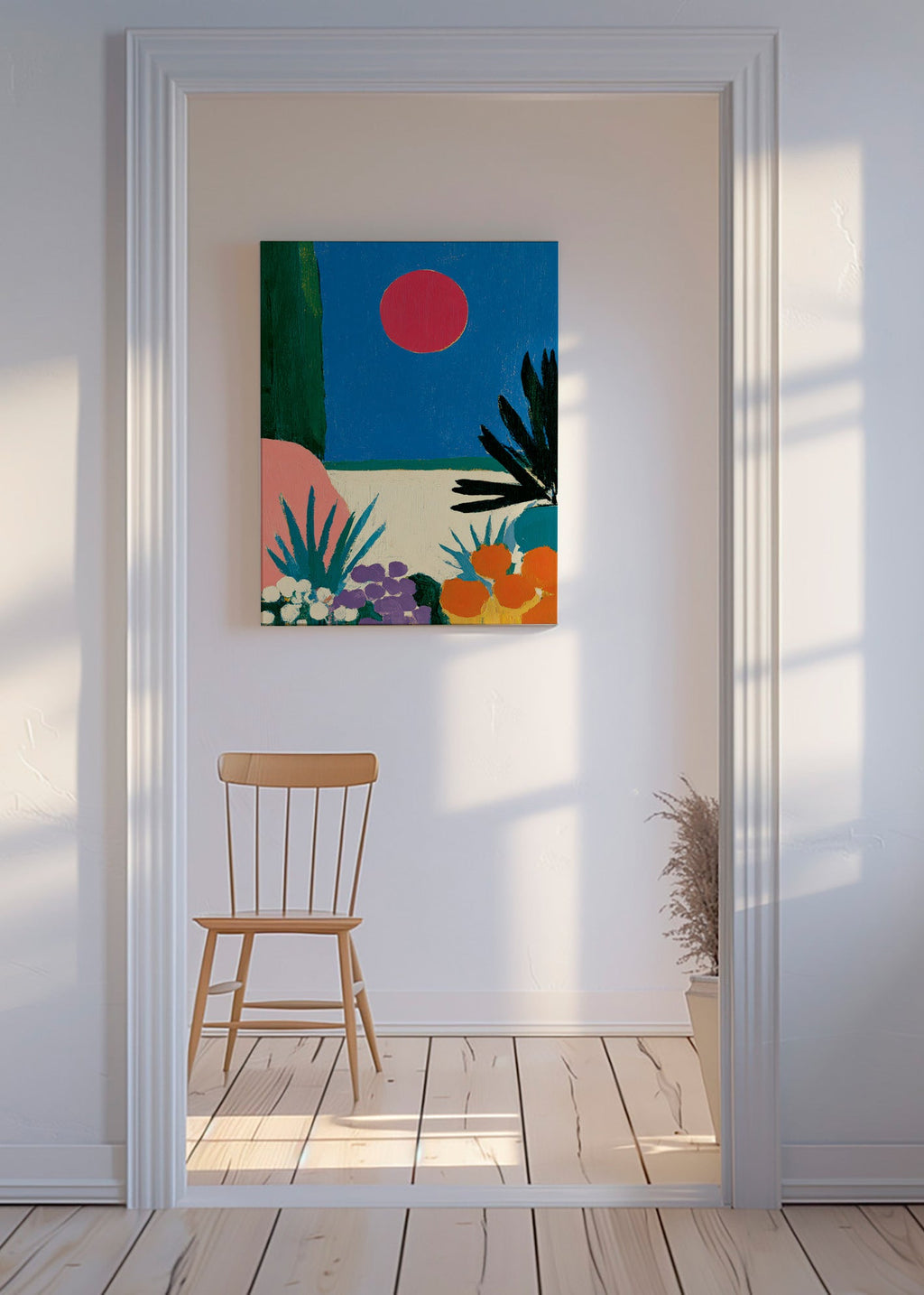 Plakat botaniczny z czerwoną księżycem i stylizowanym ogrodem