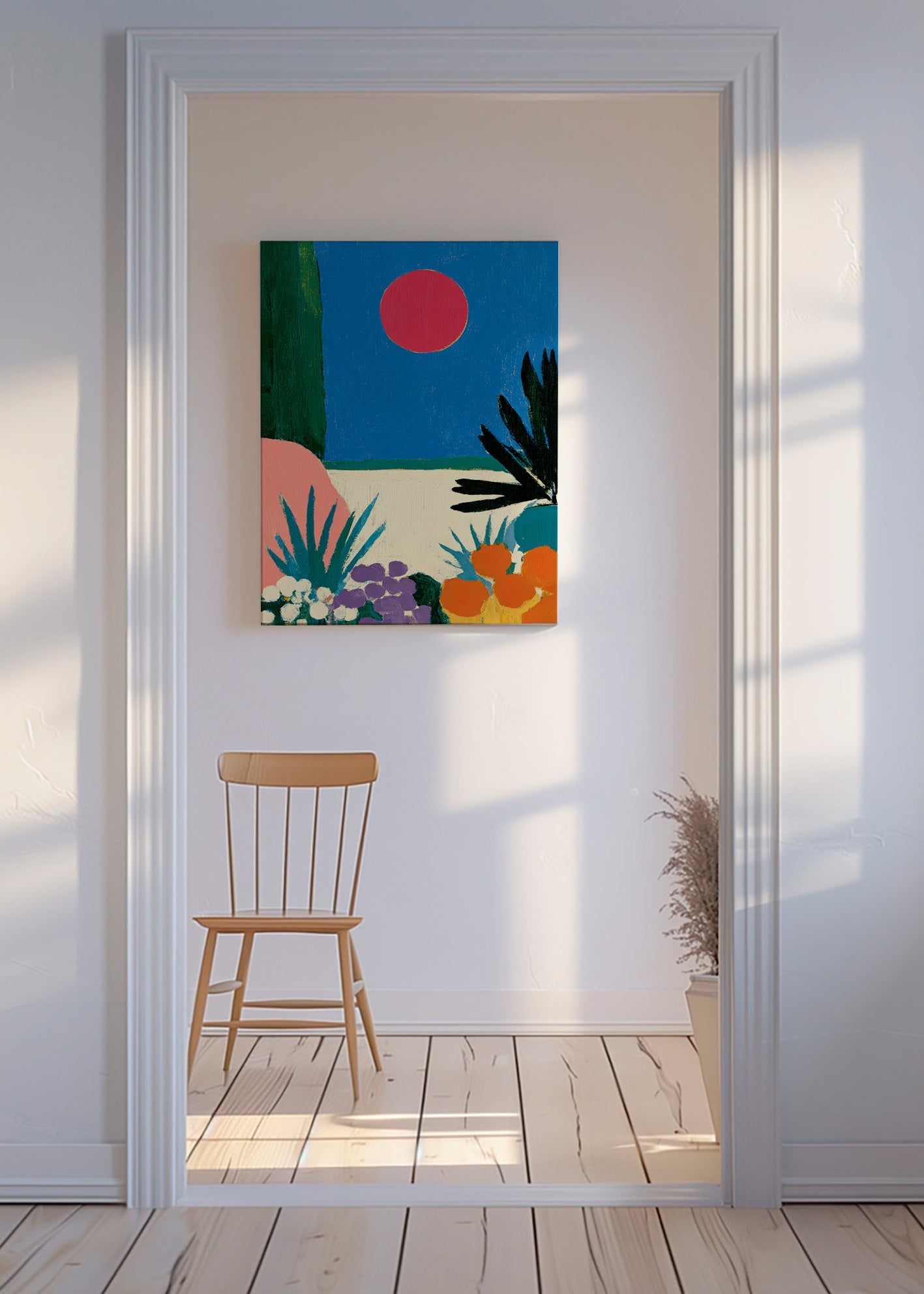 Plakat botaniczny z czerwoną księżycem i stylizowanym ogrodem