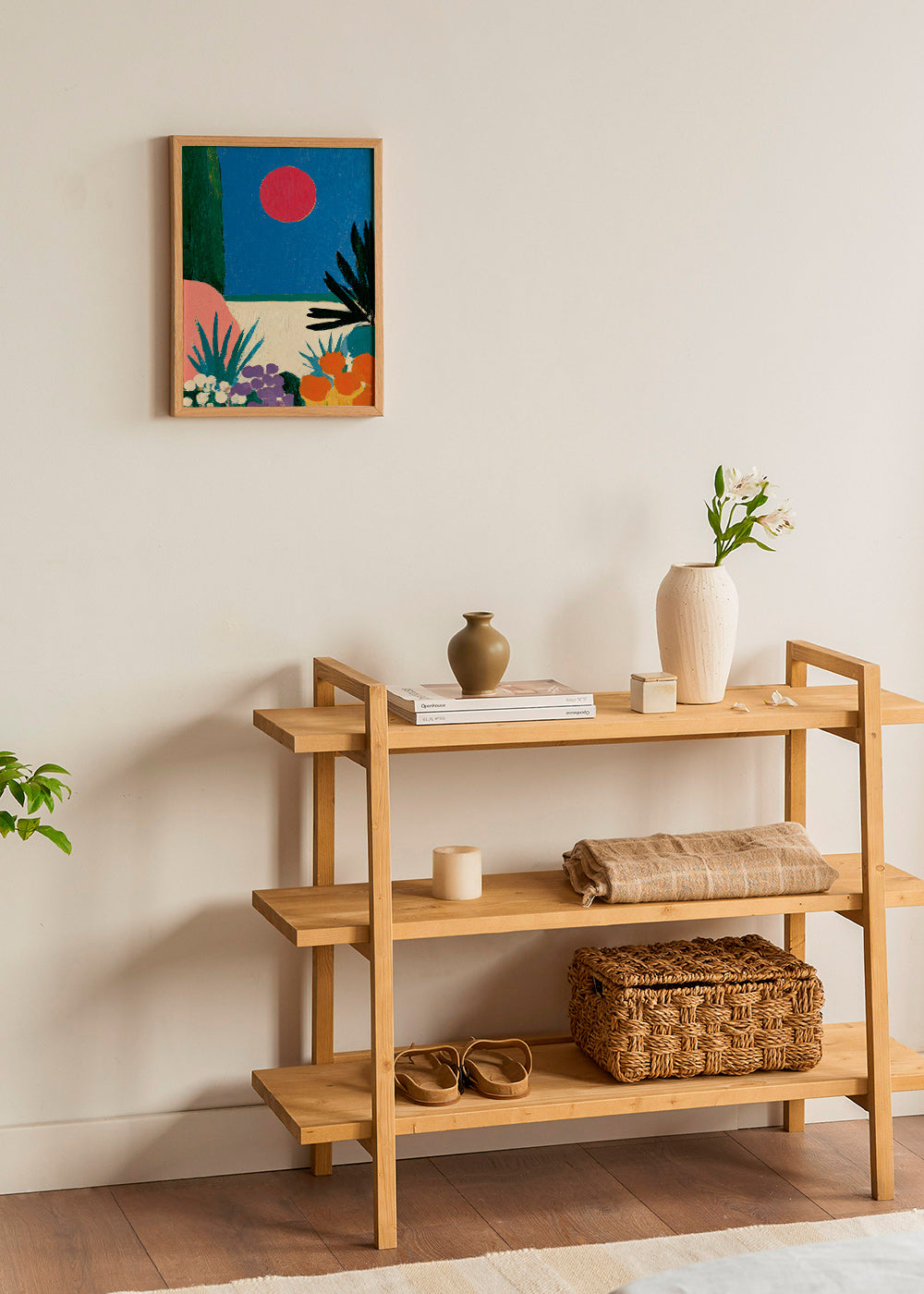 Plakat botaniczny z czerwoną księżycem i stylizowanym ogrodem