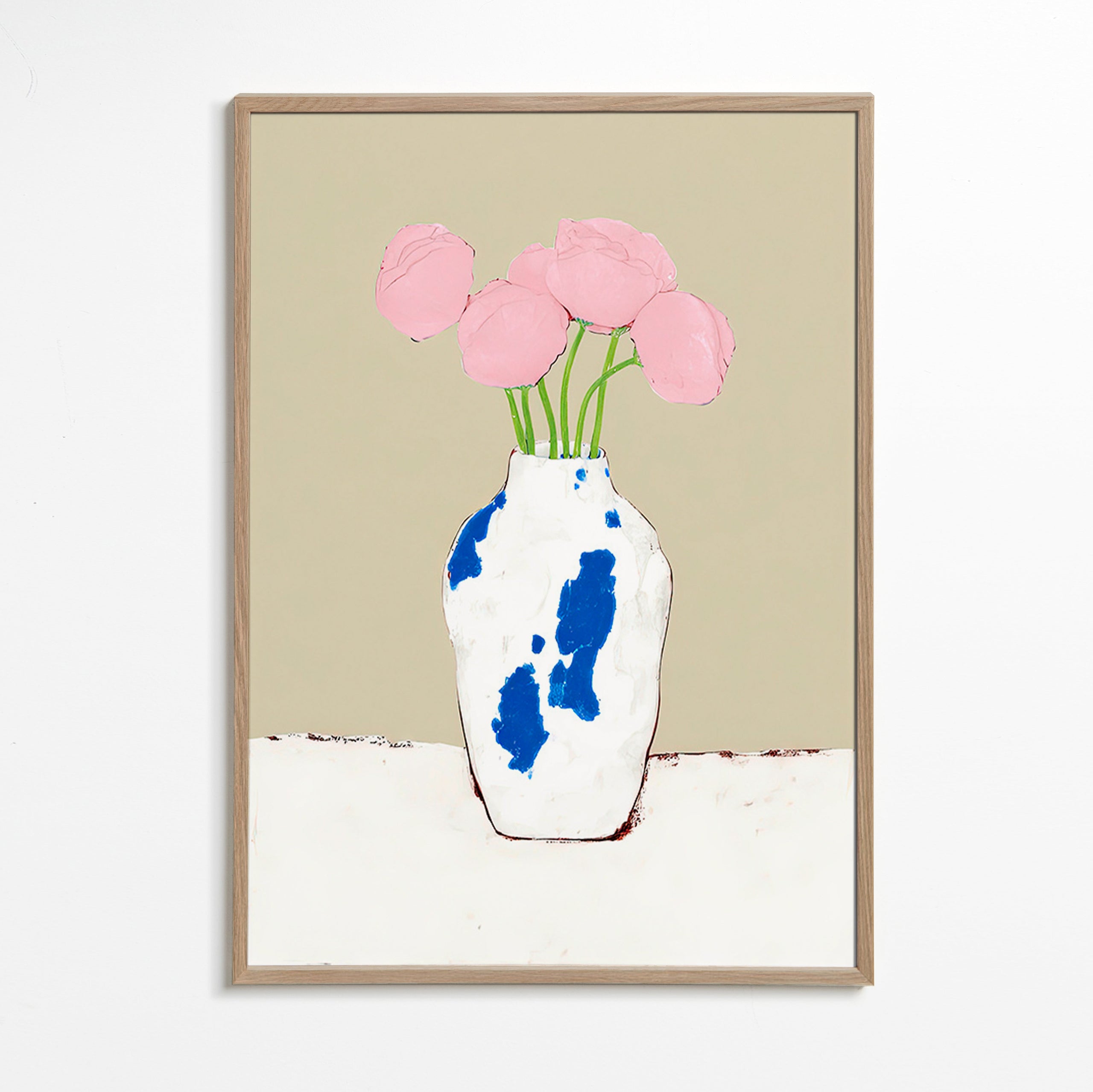 Plakat botaniczny z piwoniami w niebieskim wazonie
