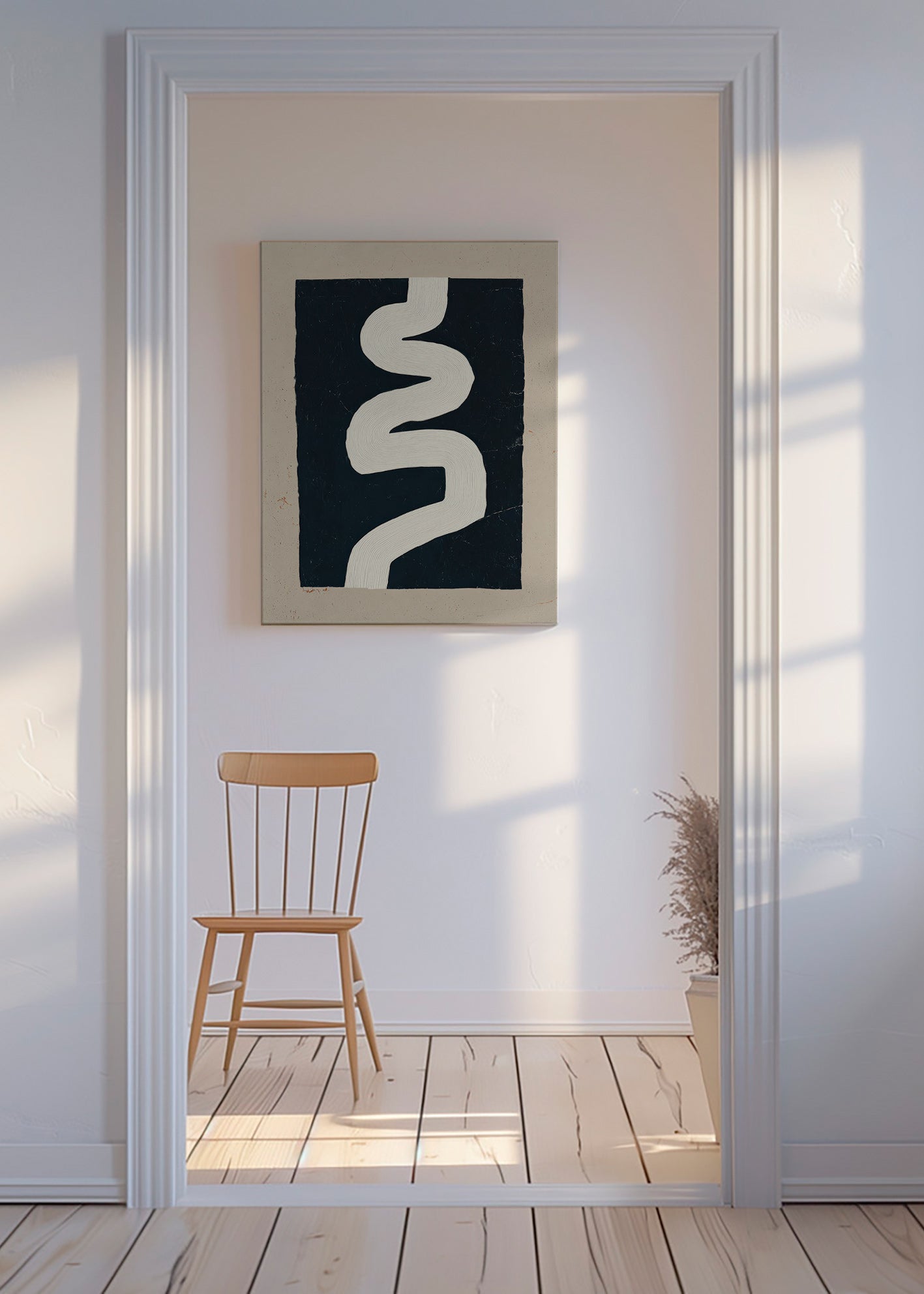 Minimalistyczny plakat biała krzywa na ciemnym tle