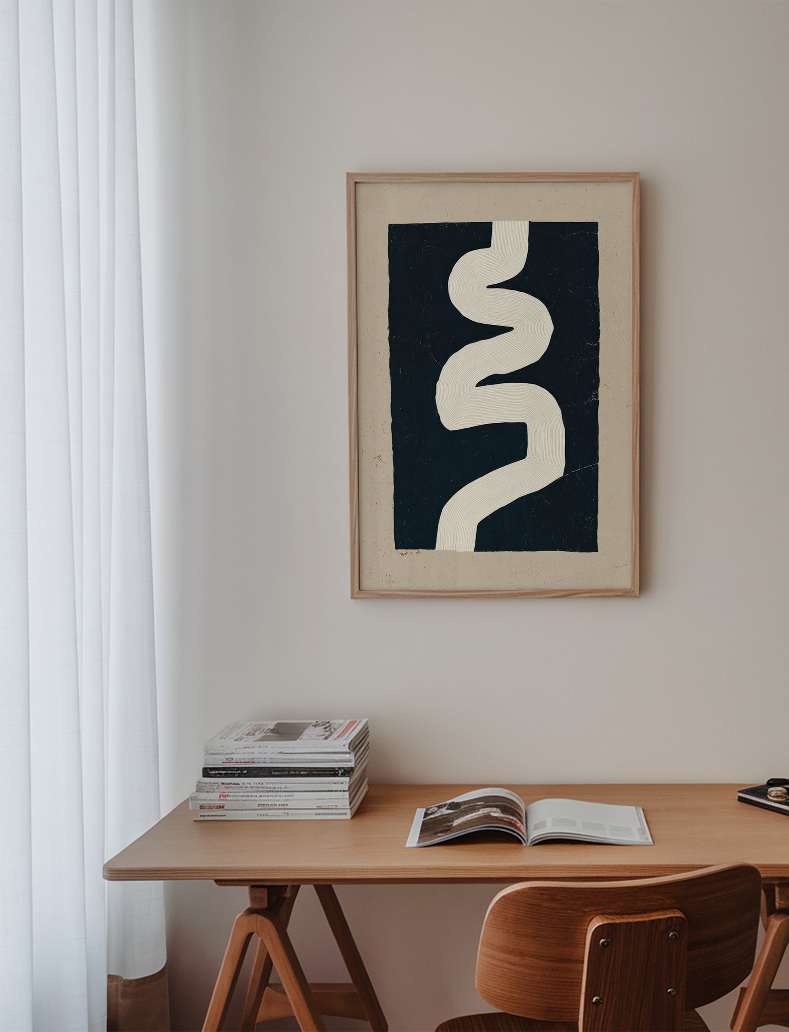 Minimalistyczny plakat biała krzywa na ciemnym tle