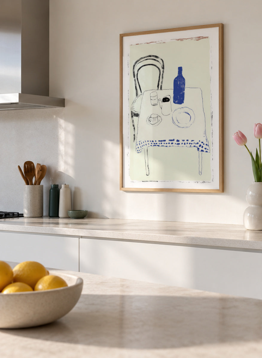 Blue Bottle Table - Framed poster in an interior