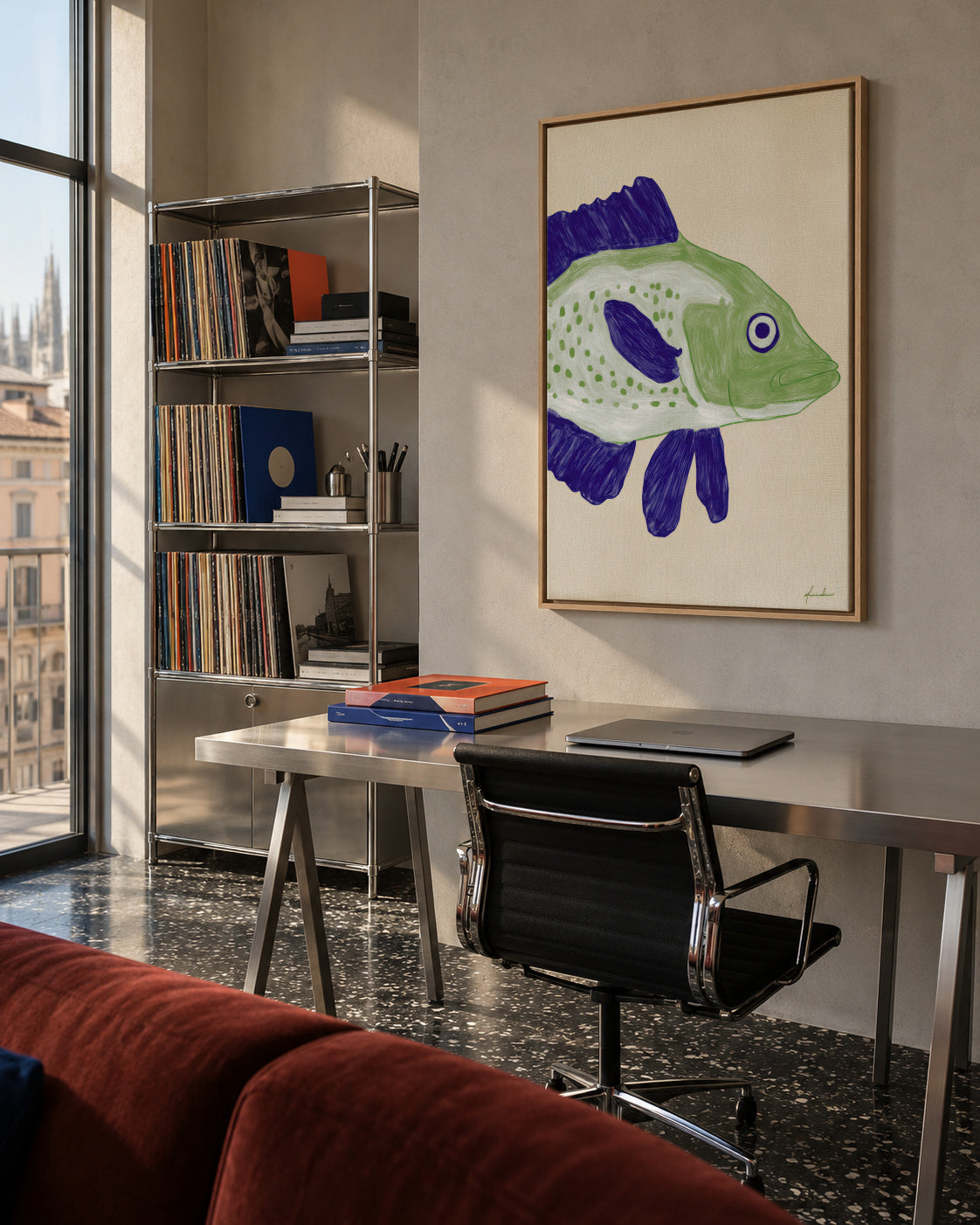 Green Fish - Framed canvas in an interior