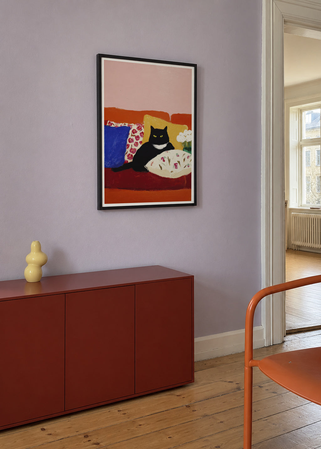 Black Cat Morning - Framed poster in an interior