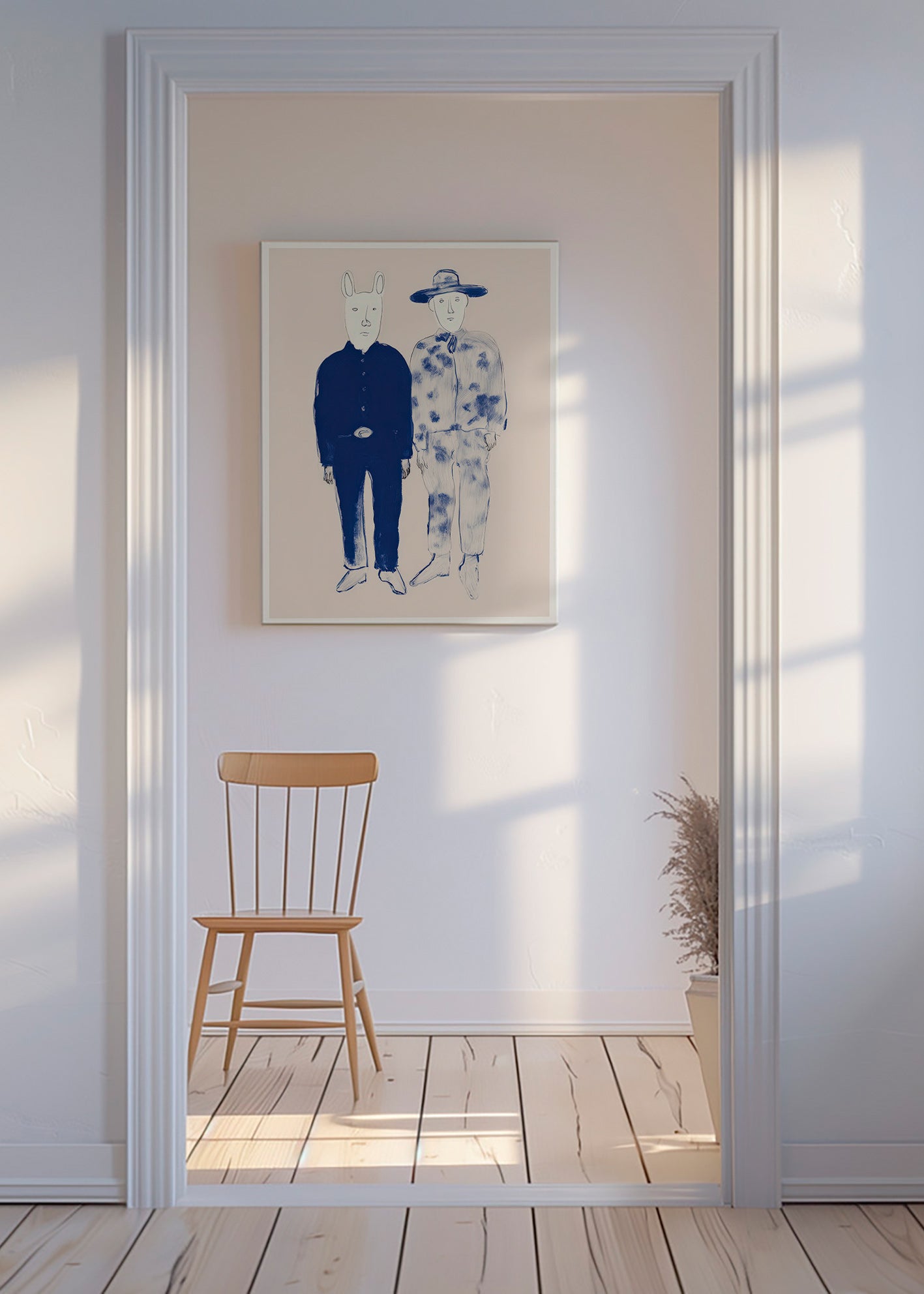 Ilustracja dwóch postaci z królikiem w niebieskim tuszu