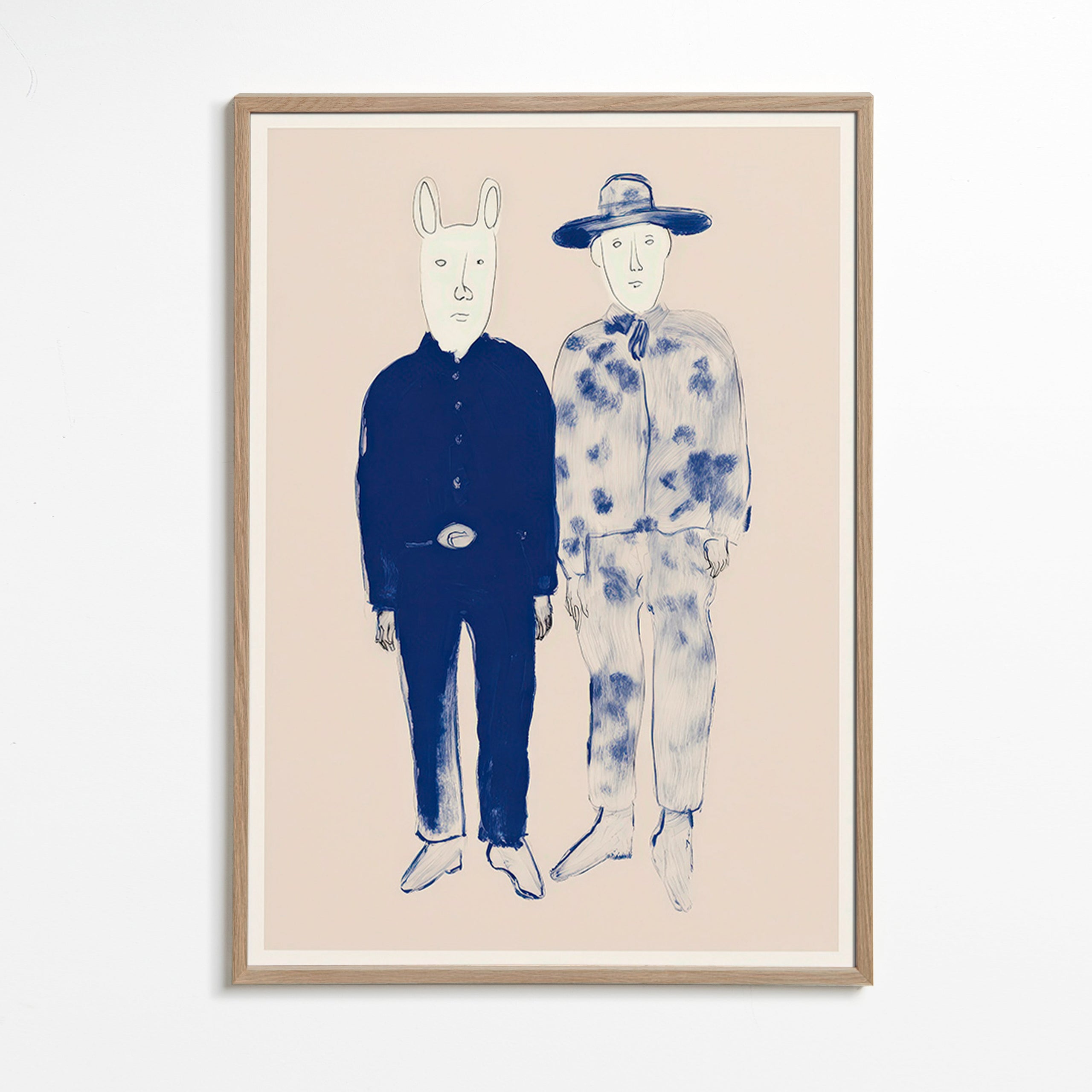 Ilustracja dwóch postaci z królikiem w niebieskim tuszu