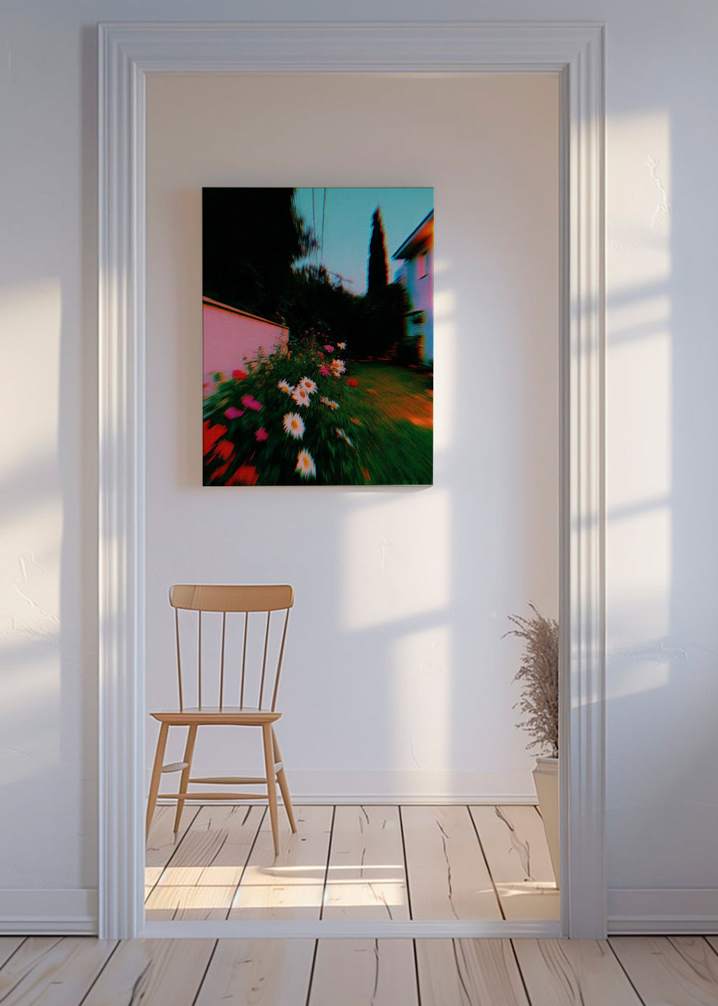 Plakat botaniczny: rozmyty ogród z stokrotkami
