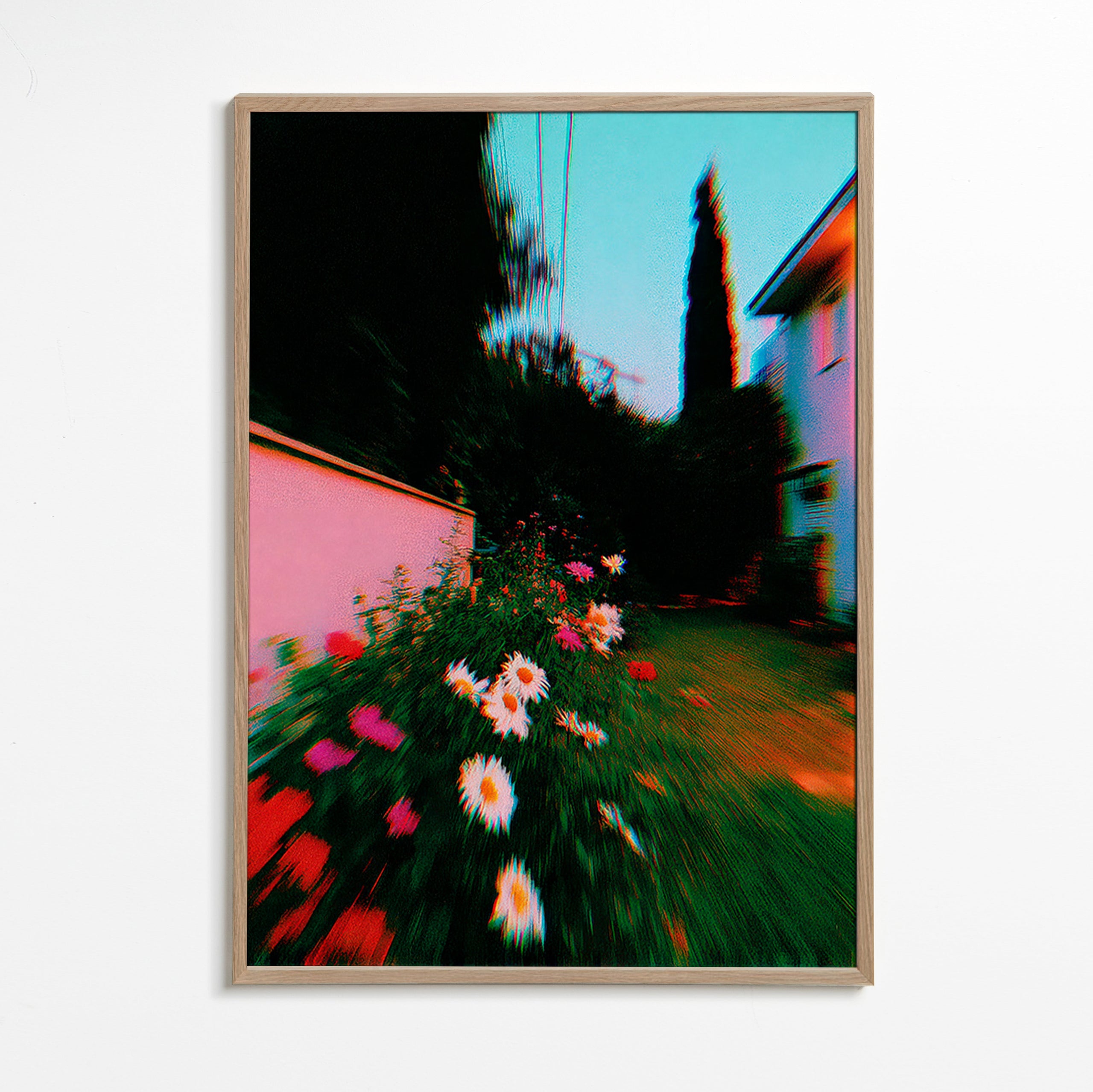 Plakat botaniczny: rozmyty ogród z stokrotkami