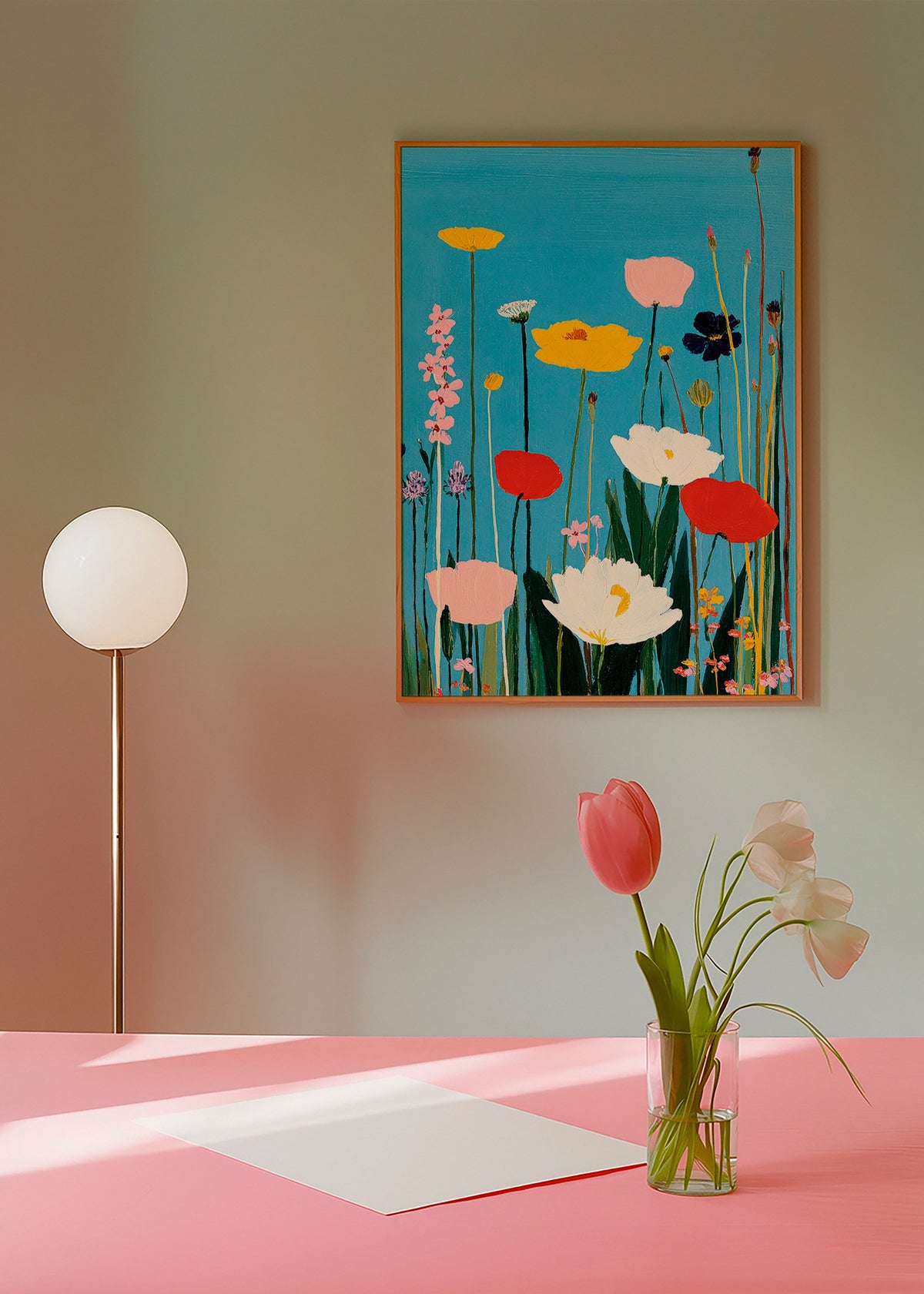 Plakat botaniczny dzikie kwiaty na niebieskim tle