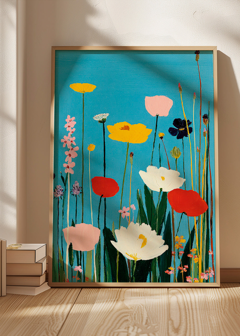 Plakat botaniczny dzikie kwiaty na niebieskim tle