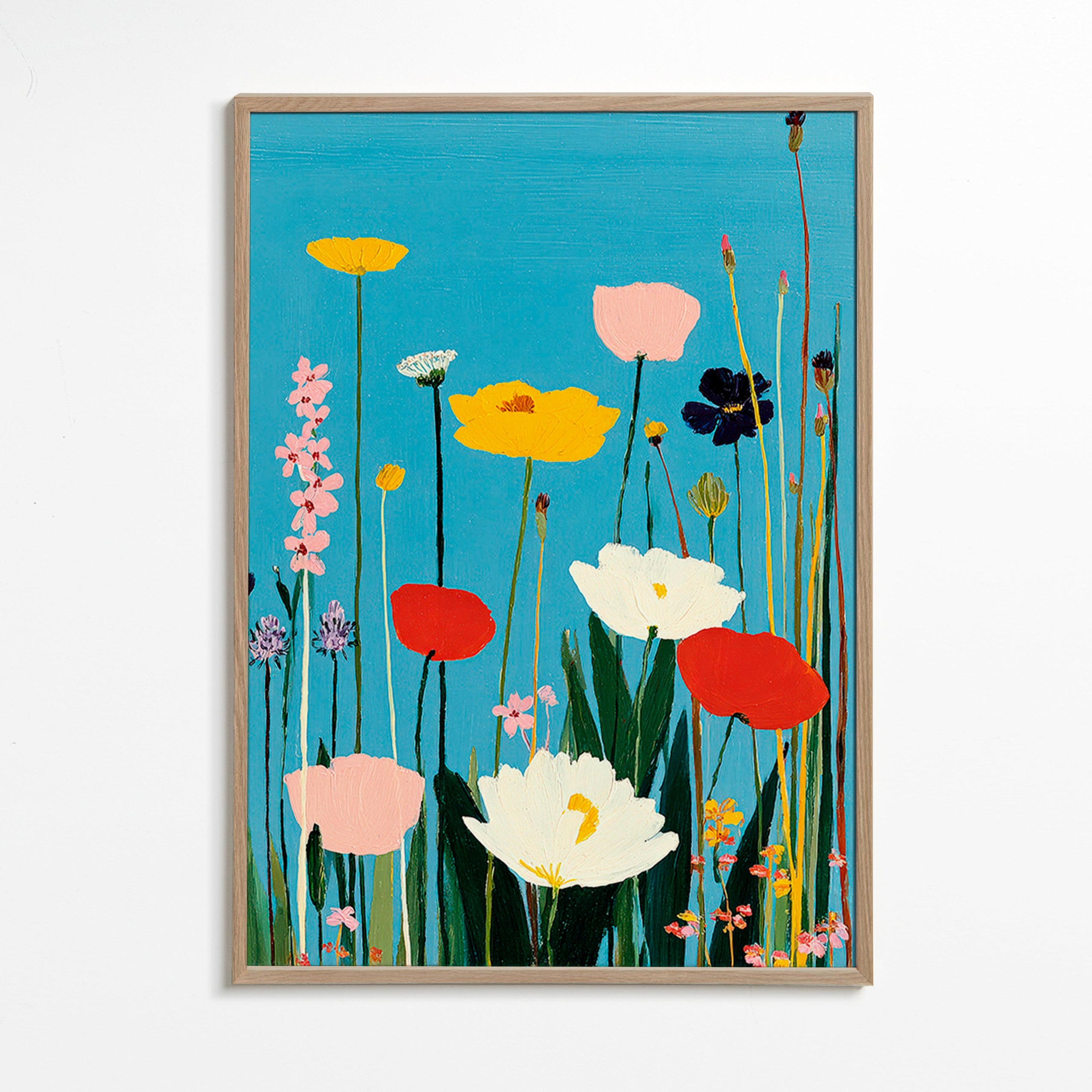 Plakat botaniczny dzikie kwiaty na niebieskim tle