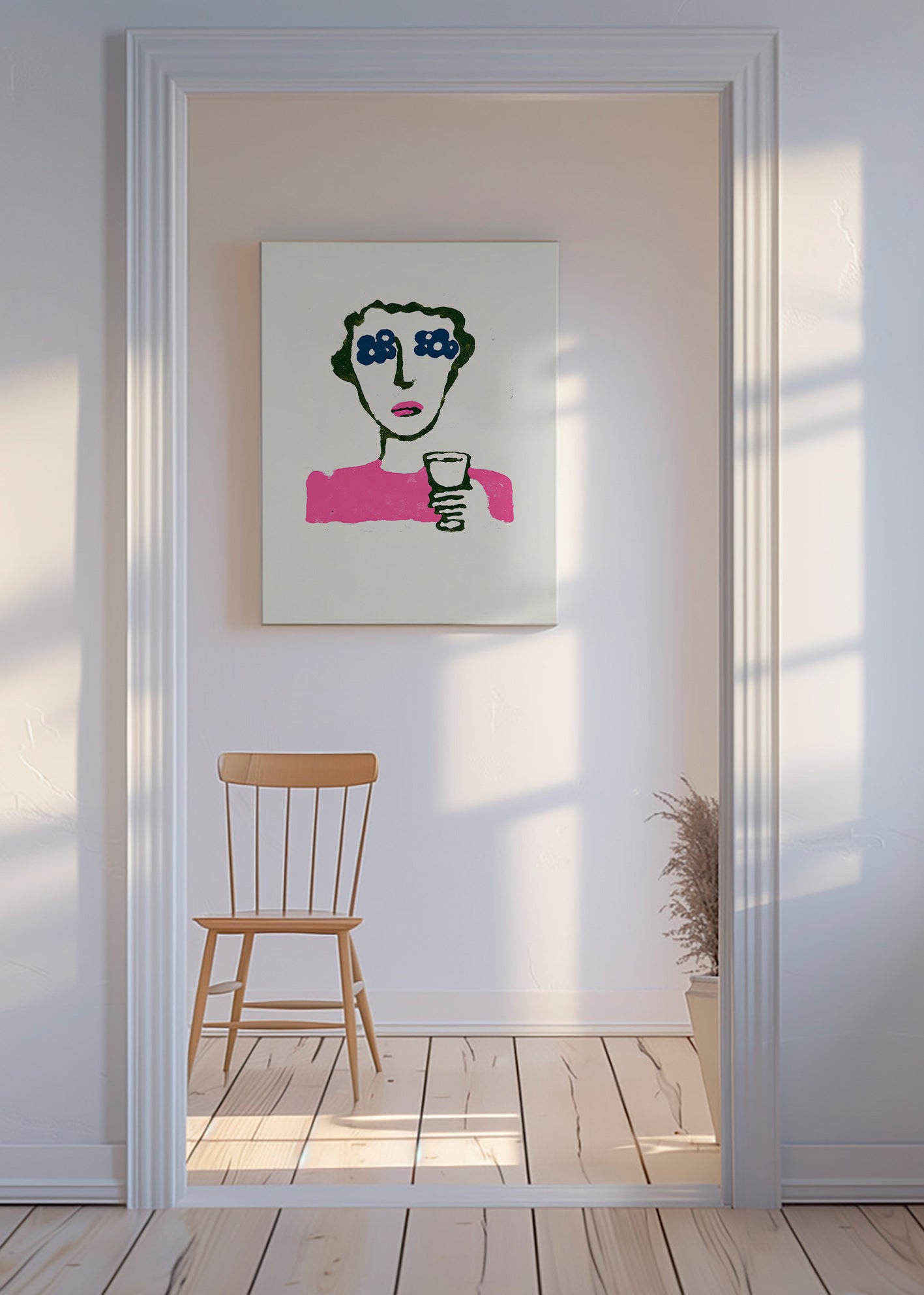Ilustracja z kwiatowymi oczami i kubkiem