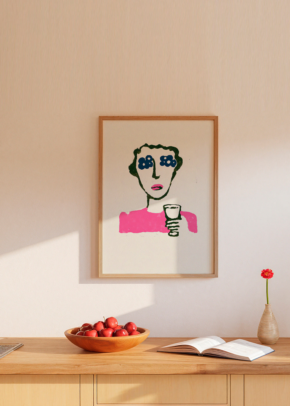 Ilustracja z kwiatowymi oczami i kubkiem