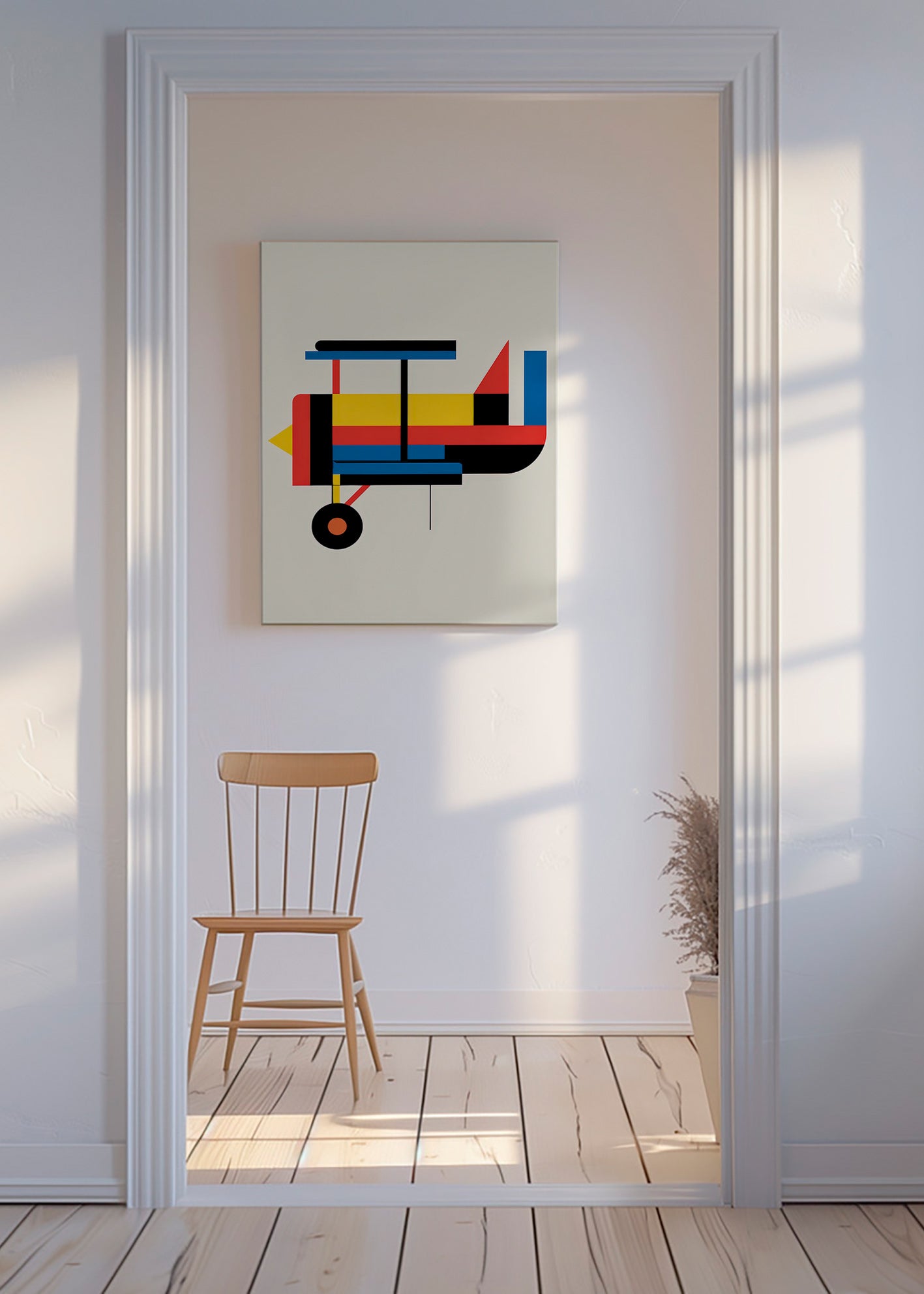 Geometryczny plakat z biplanem
