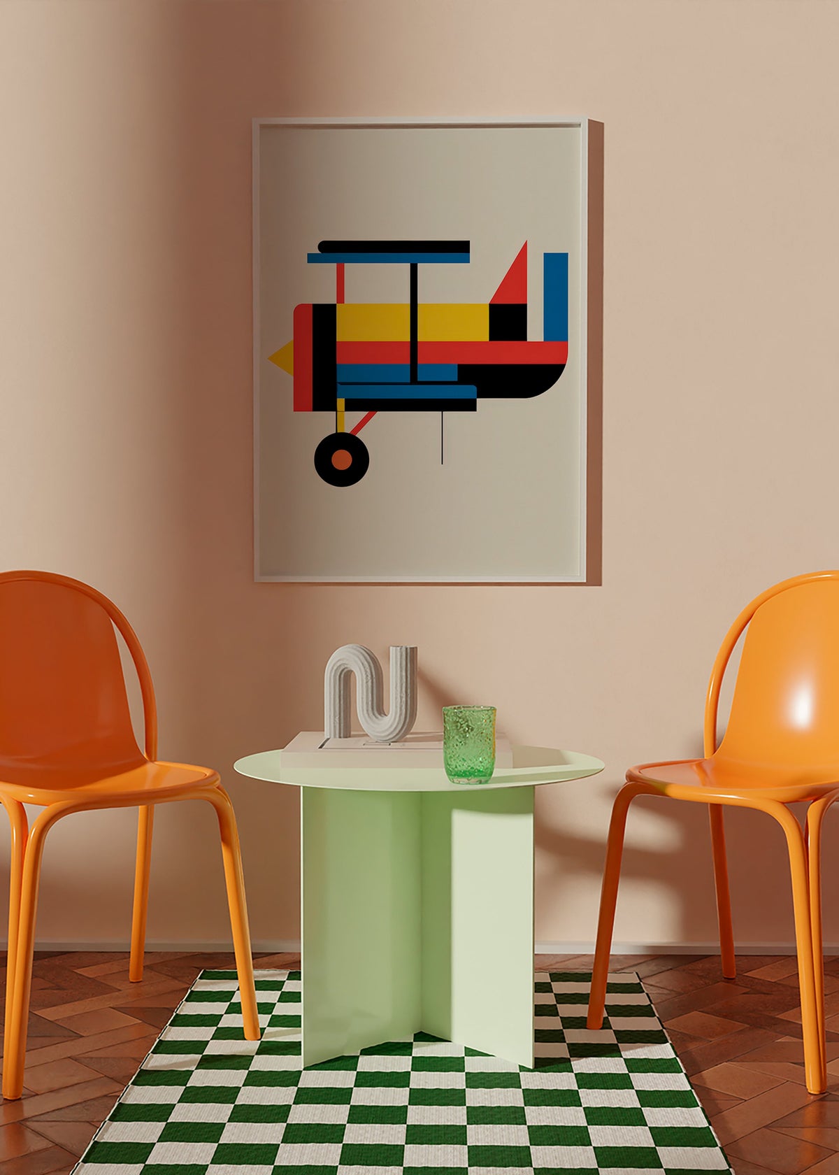 Geometryczny plakat z biplanem
