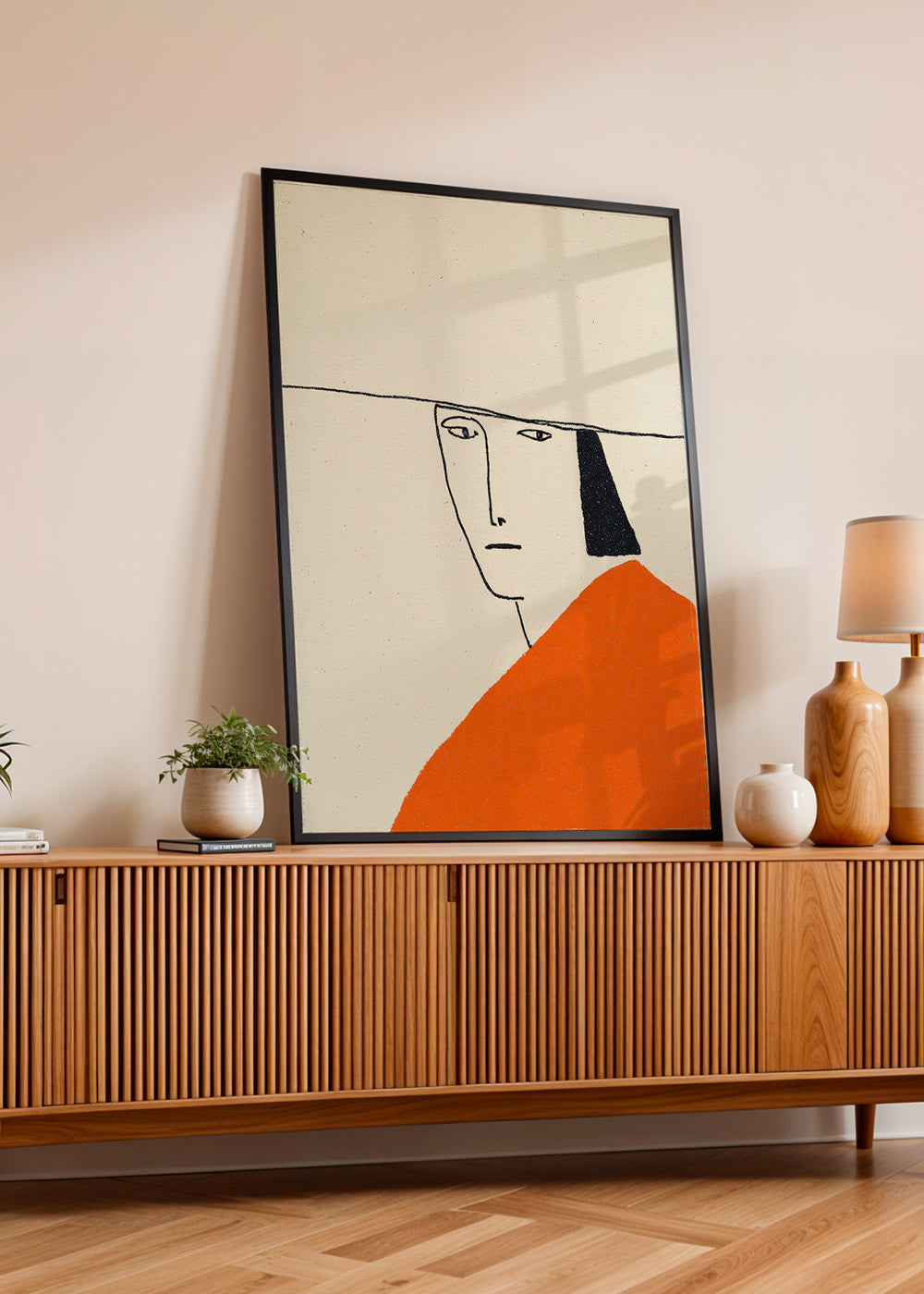 Minimalistyczna ilustracja z pomaranczowym plaszczem
