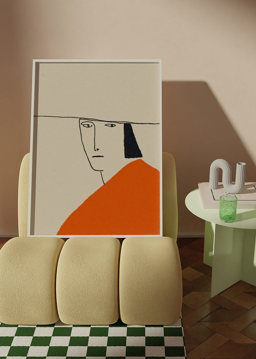 Minimalistyczna ilustracja z pomaranczowym plaszczem