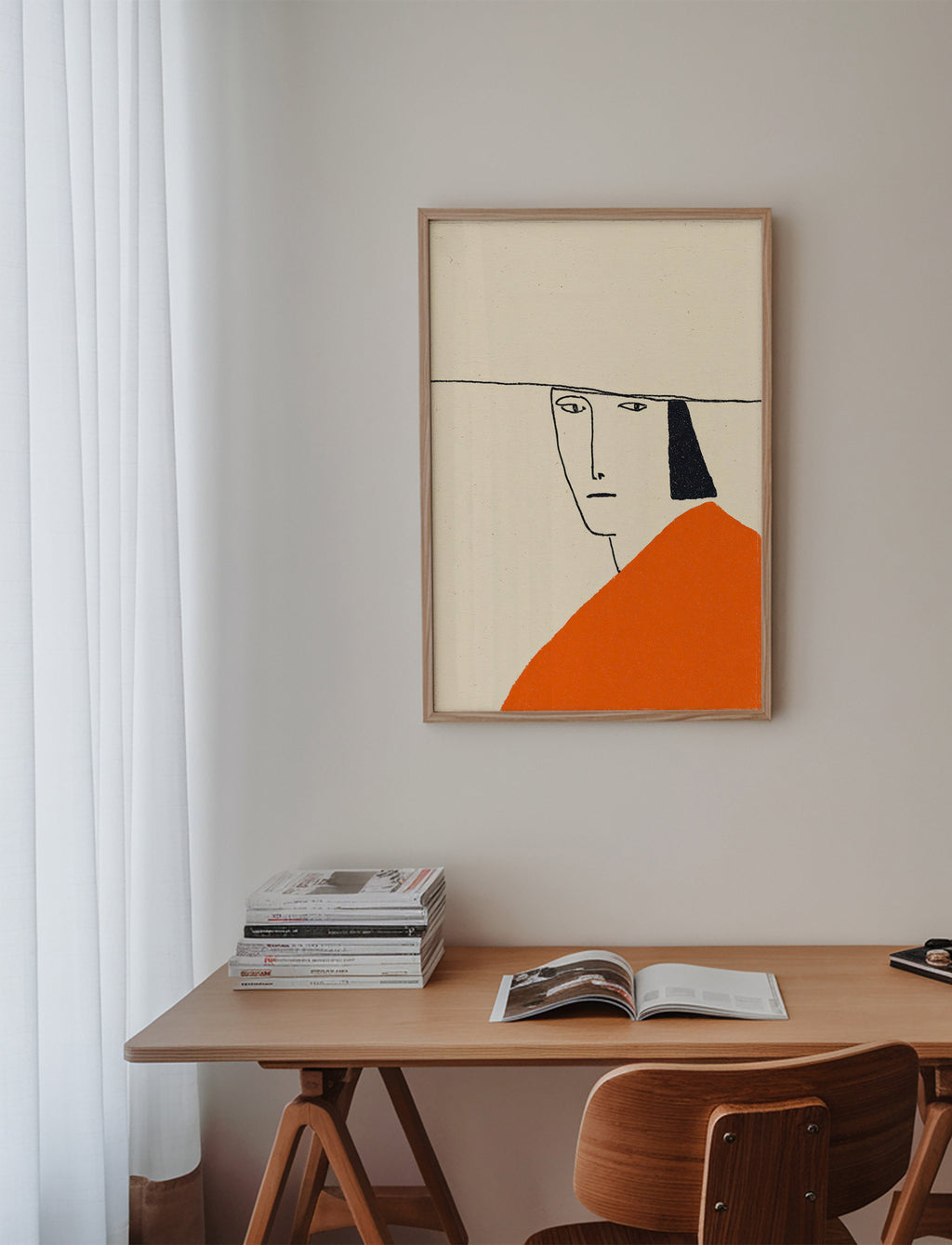 Minimalistyczna ilustracja z pomaranczowym plaszczem