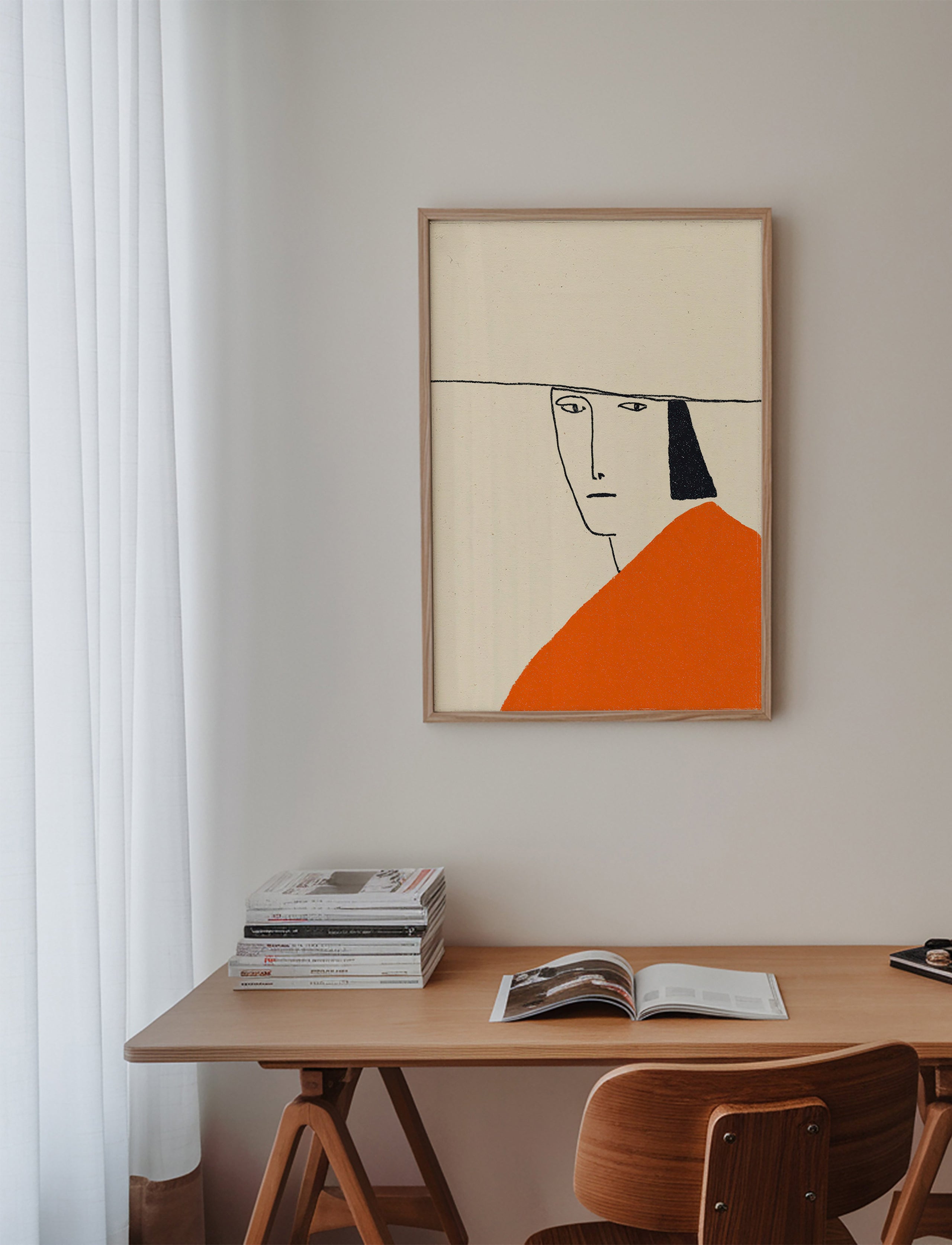 Minimalistyczna ilustracja z pomaranczowym plaszczem
