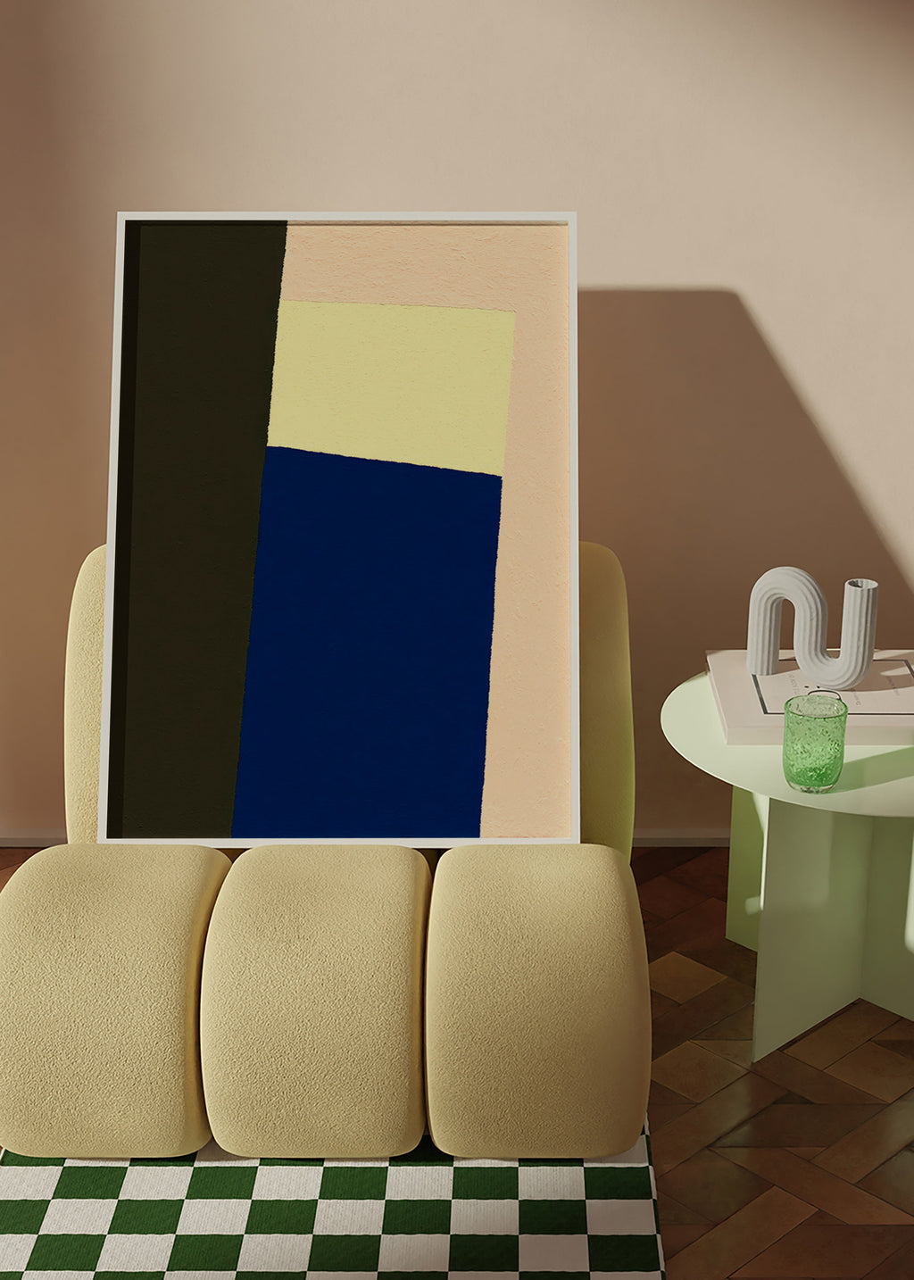Plakat geometryczny z pionowym niebieskim blokiem