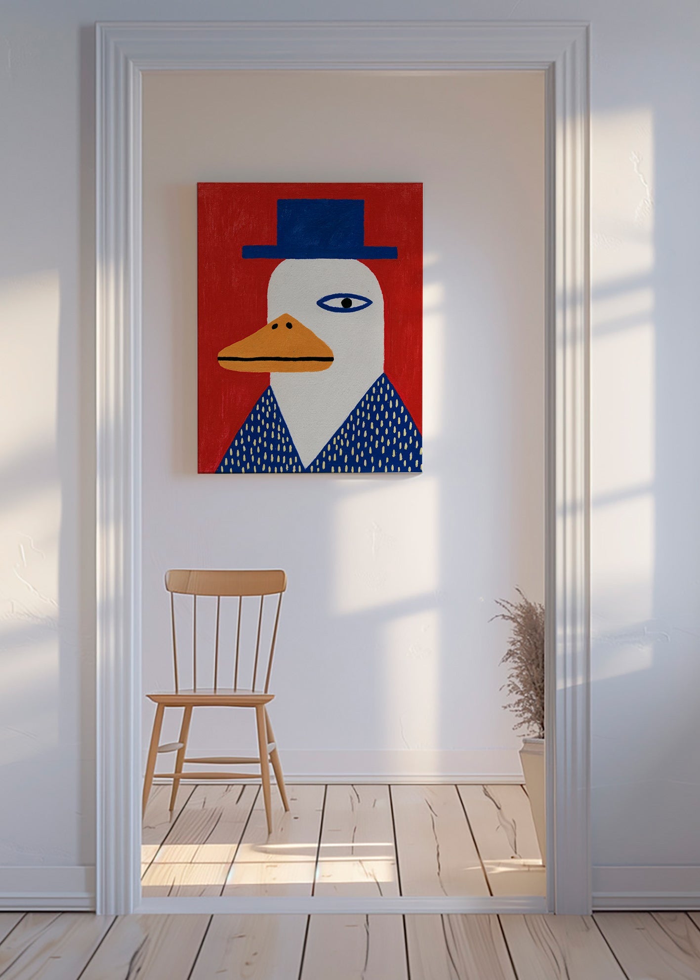 Portret kaczki w niebieskim kapeluszu
