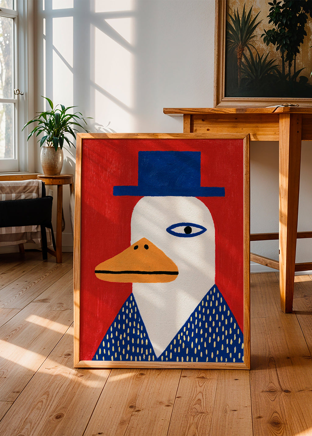Portret kaczki w niebieskim kapeluszu